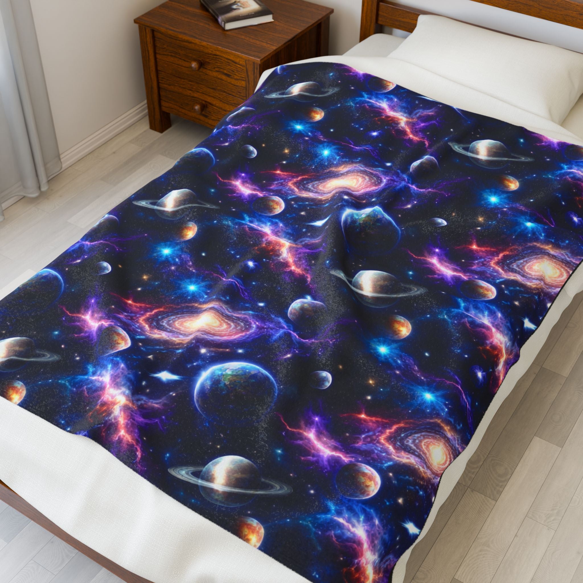 Galaxy Velveteen Plush Blanket - Cosmic Planets & Nebula Throw