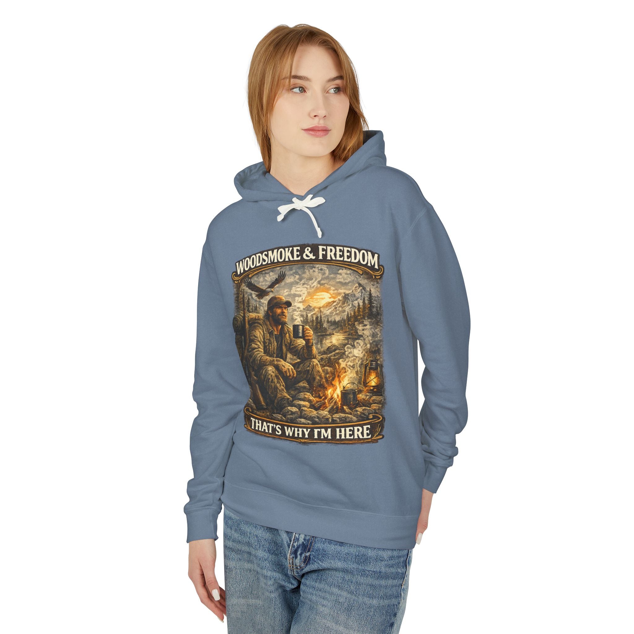Woodsmoke & Freedom Hoodie — Campfire Hunting Graphic Hooded Sweatshirt