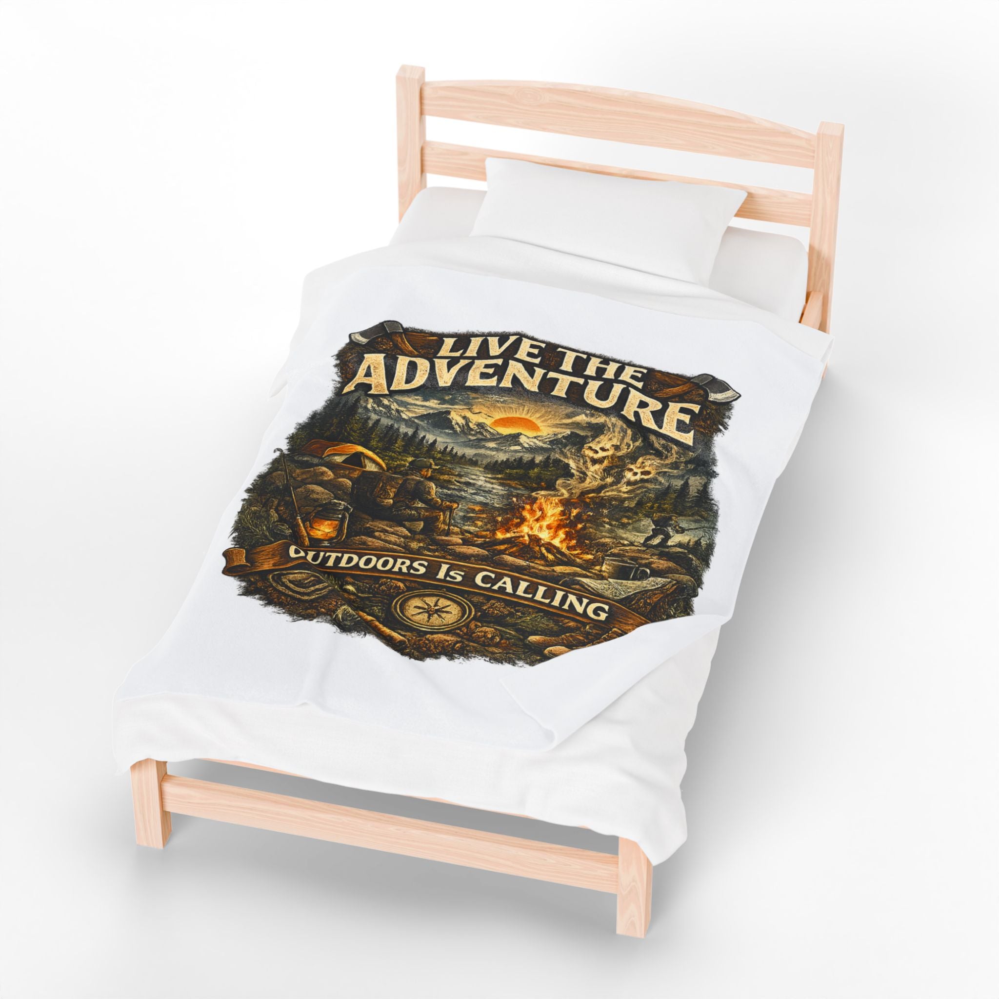 Live the Adventure Velveteen Plush Blanket — ‘Outdoors Is Calling’ Camping Throw