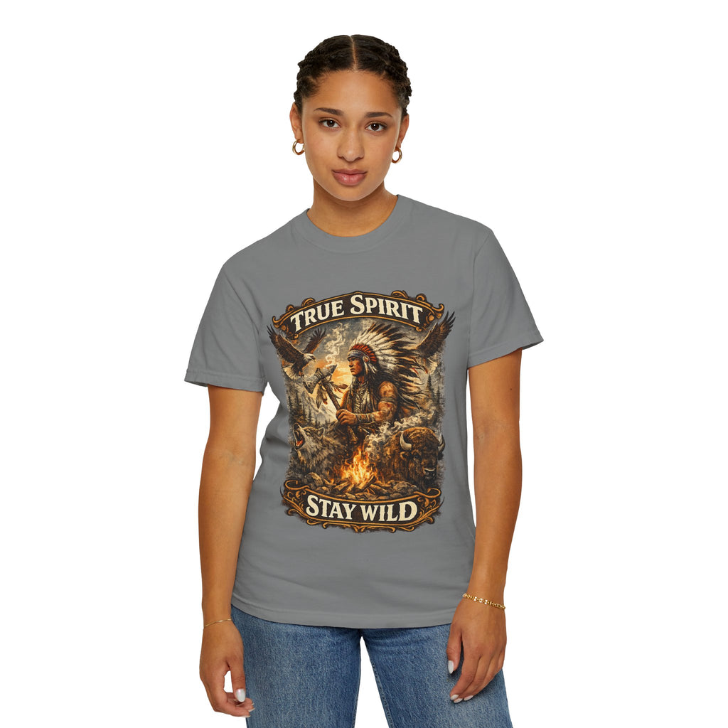 T-Shirt — "True Spirit Stay Wild" Native-Inspired Campfire Graphic