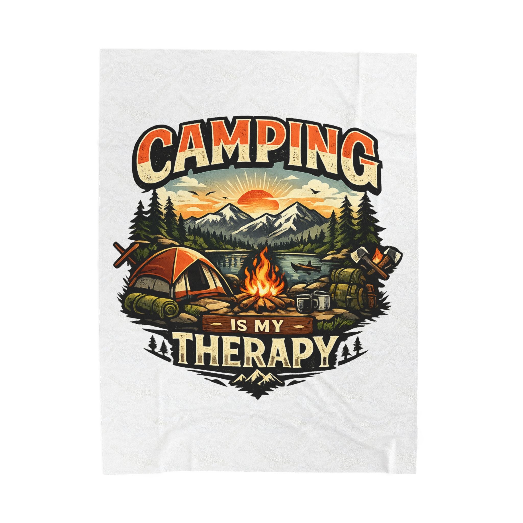 Velveteen Plush Blanket — "Camping Is My Therapy" Cozy Outdoor Camping Throw