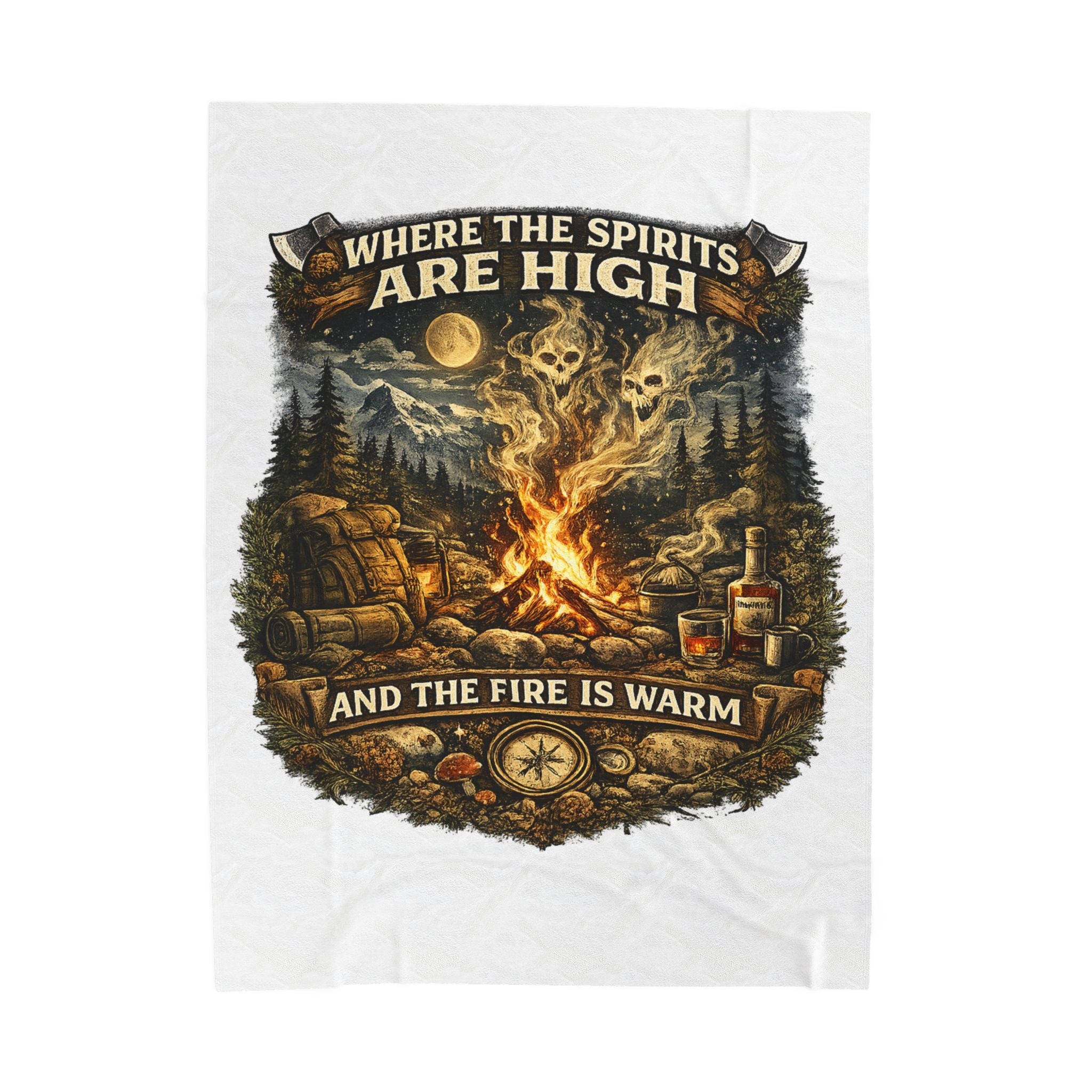 Velveteen Plush Blanket — "Where the Spirits Are High and the Fire Is Warm" Campfire Graphic Throw
