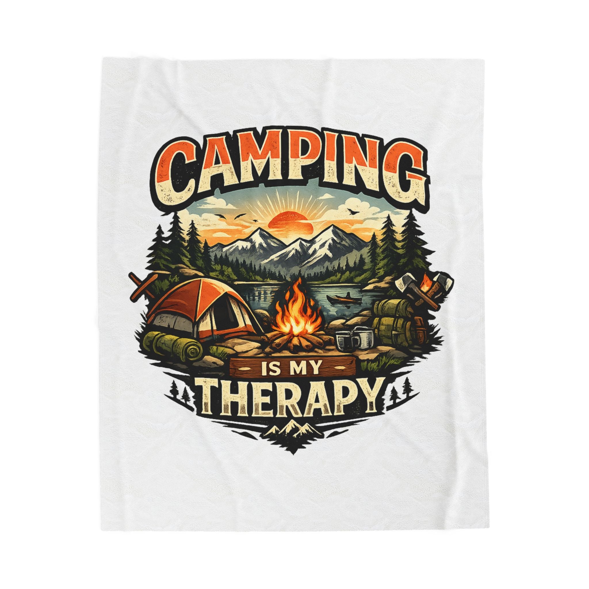Velveteen Plush Blanket — "Camping Is My Therapy" Cozy Outdoor Camping Throw