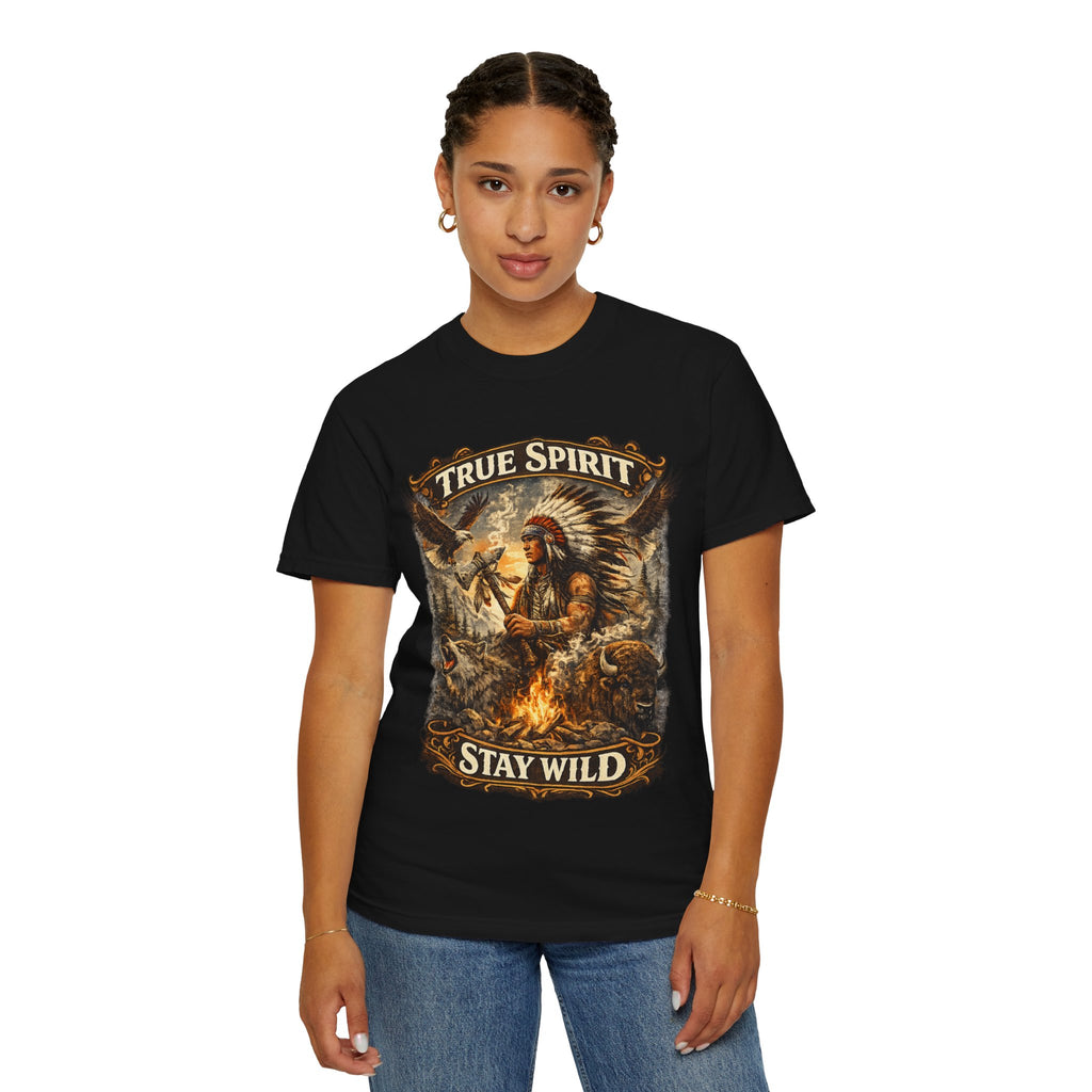T-Shirt — "True Spirit Stay Wild" Native-Inspired Campfire Graphic
