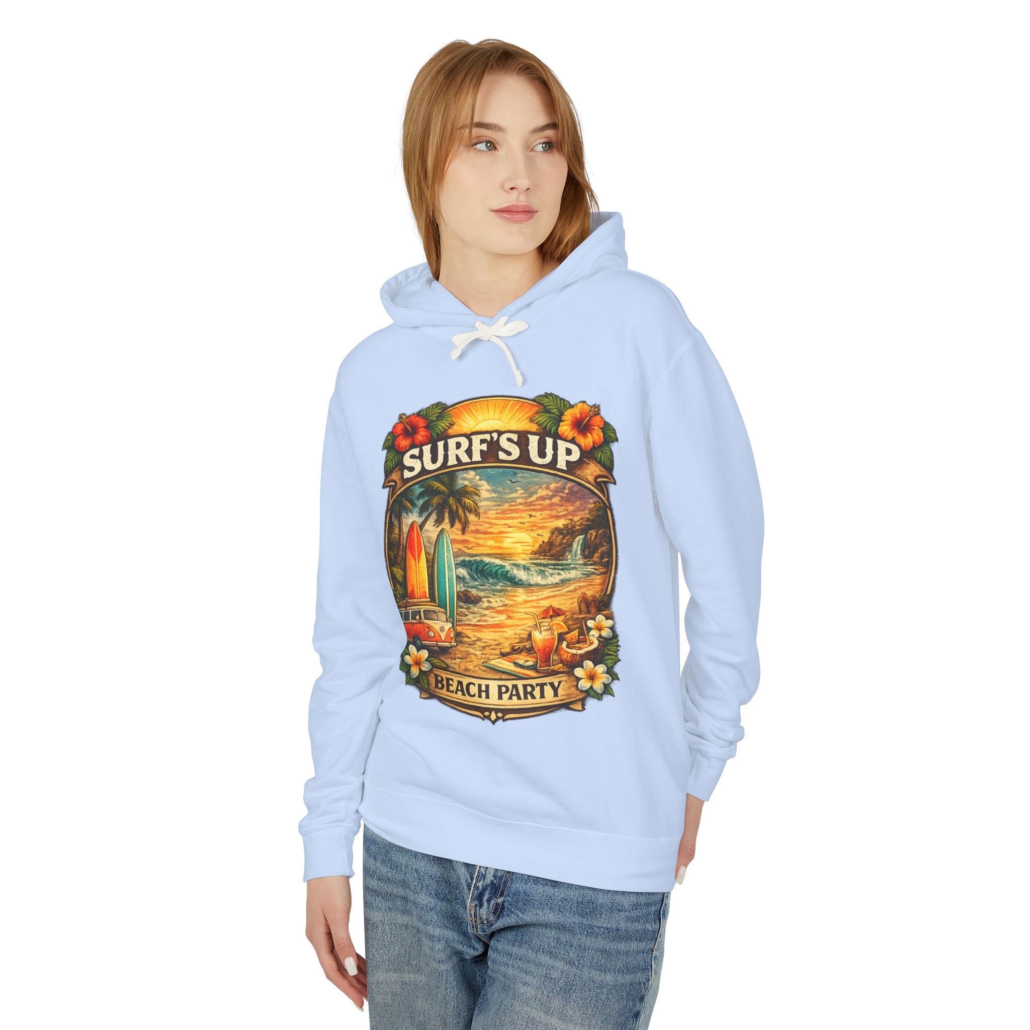 Surf's Up Beach Party Hoodie — Vintage Sunset Surfboard Pullover