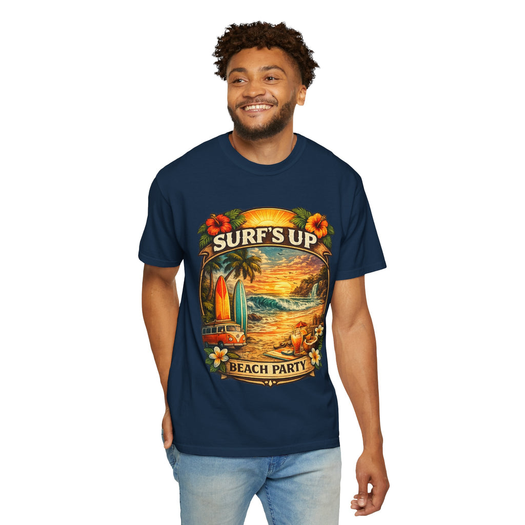 Surf's Up Beach Party T-Shirt — Vintage Sunset Surfboard Graphic