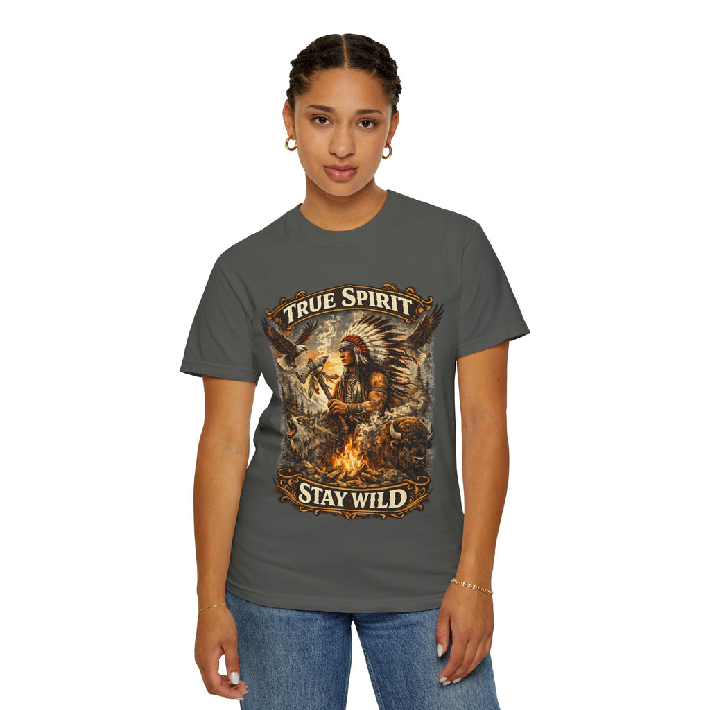 T-Shirt — "True Spirit Stay Wild" Native-Inspired Campfire Graphic