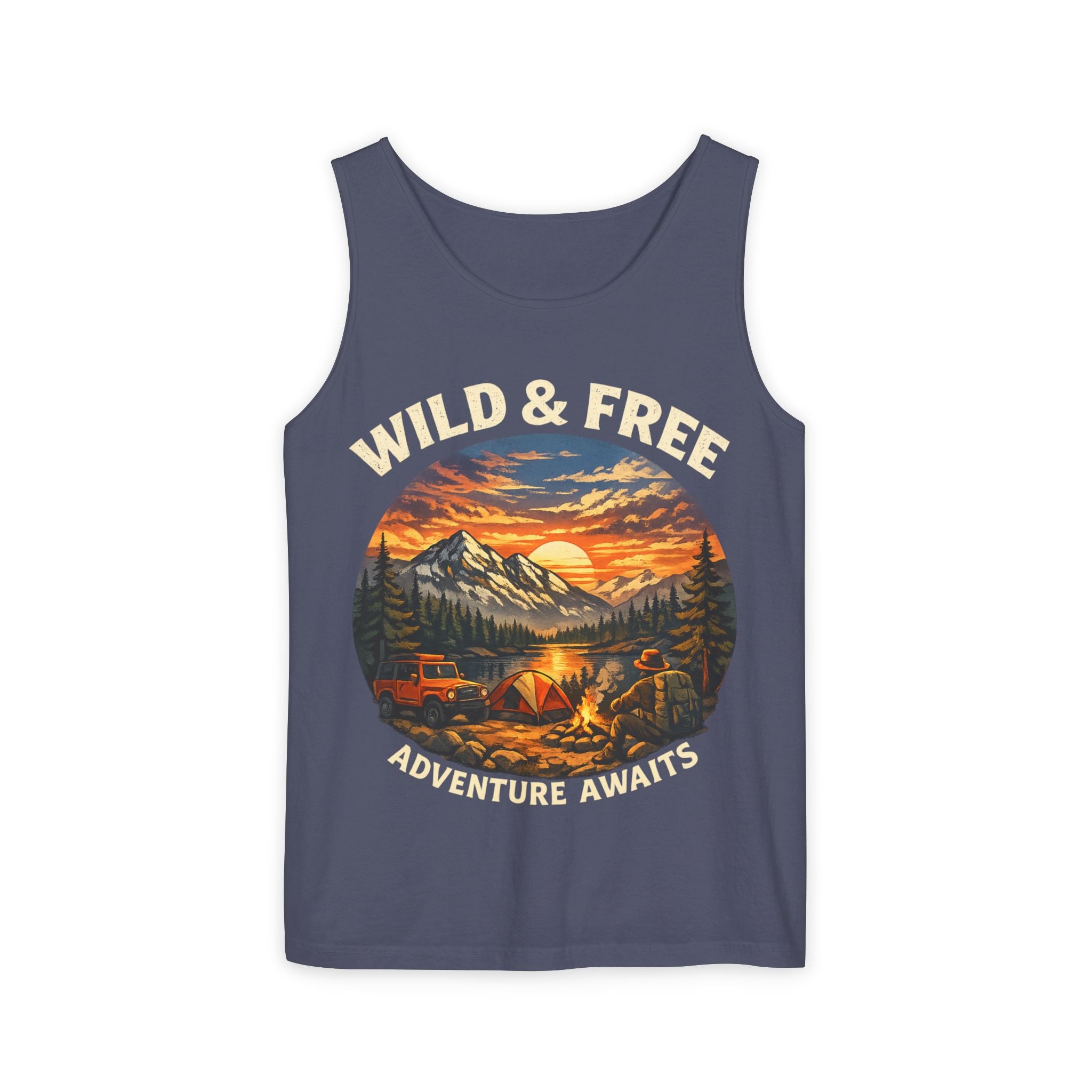 Tank Top — "Wild & Free" Sunset Mountain Camping Graphic