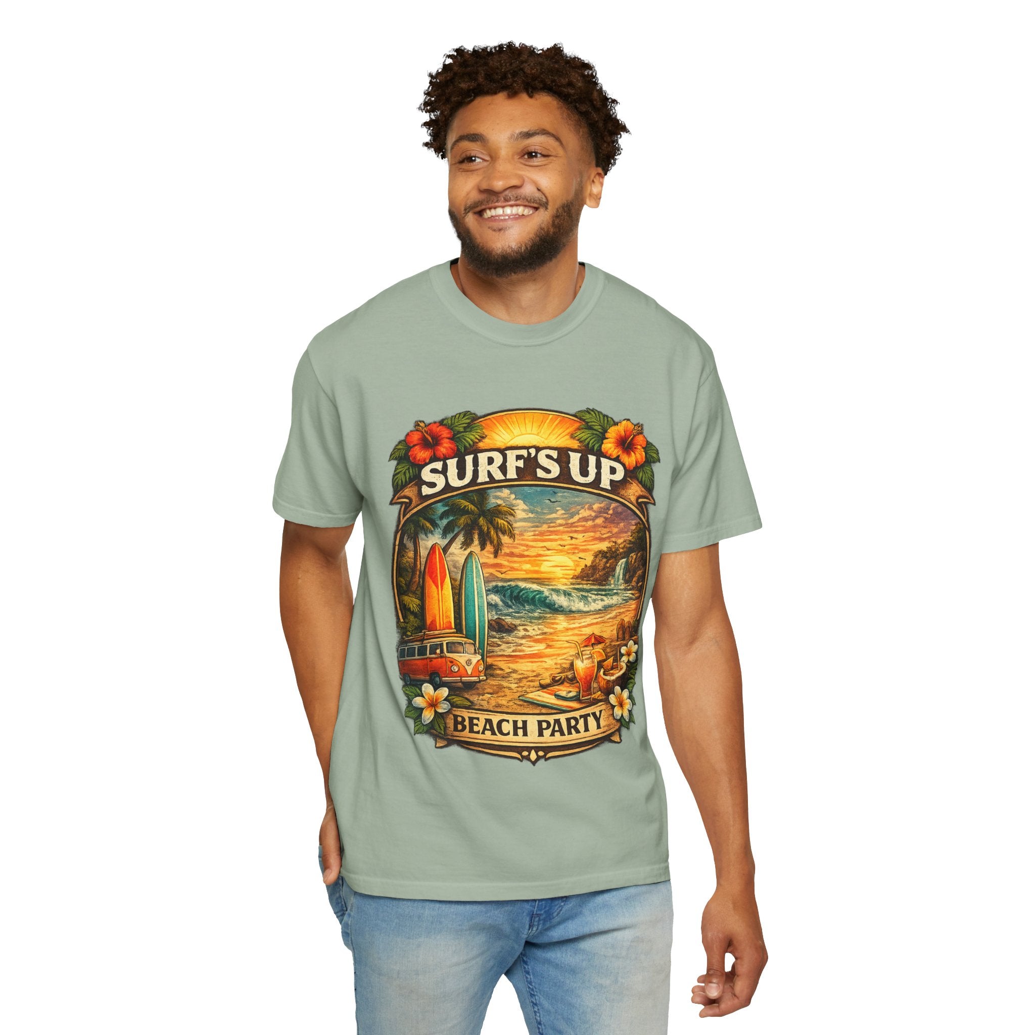 Surf's Up Beach Party T-Shirt — Vintage Sunset Surfboard Graphic