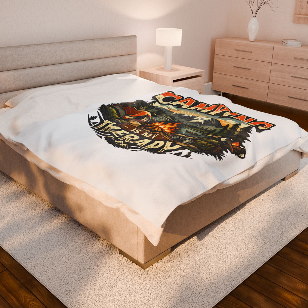 Velveteen Plush Blanket — "Camping Is My Therapy" Cozy Outdoor Camping Throw