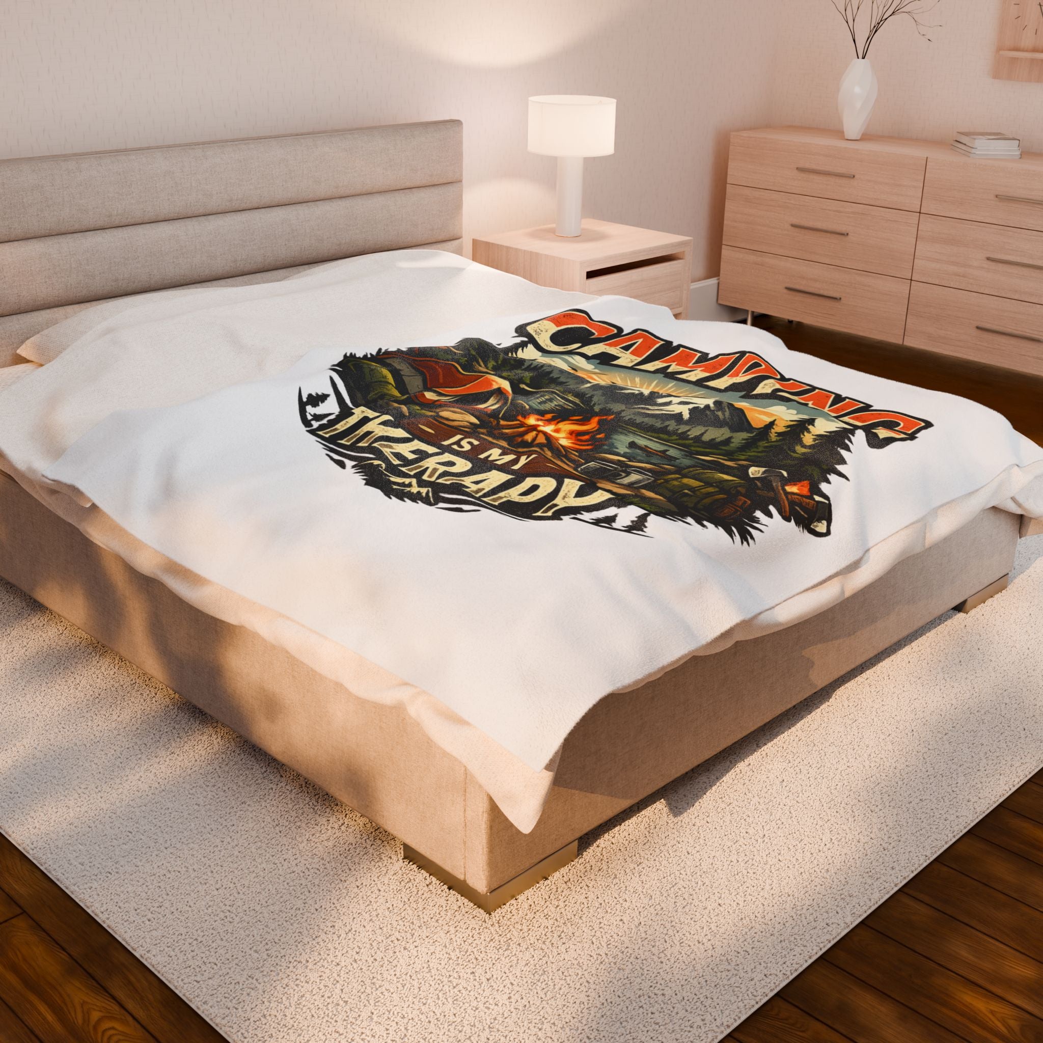 Velveteen Plush Blanket — "Camping Is My Therapy" Cozy Outdoor Camping Throw