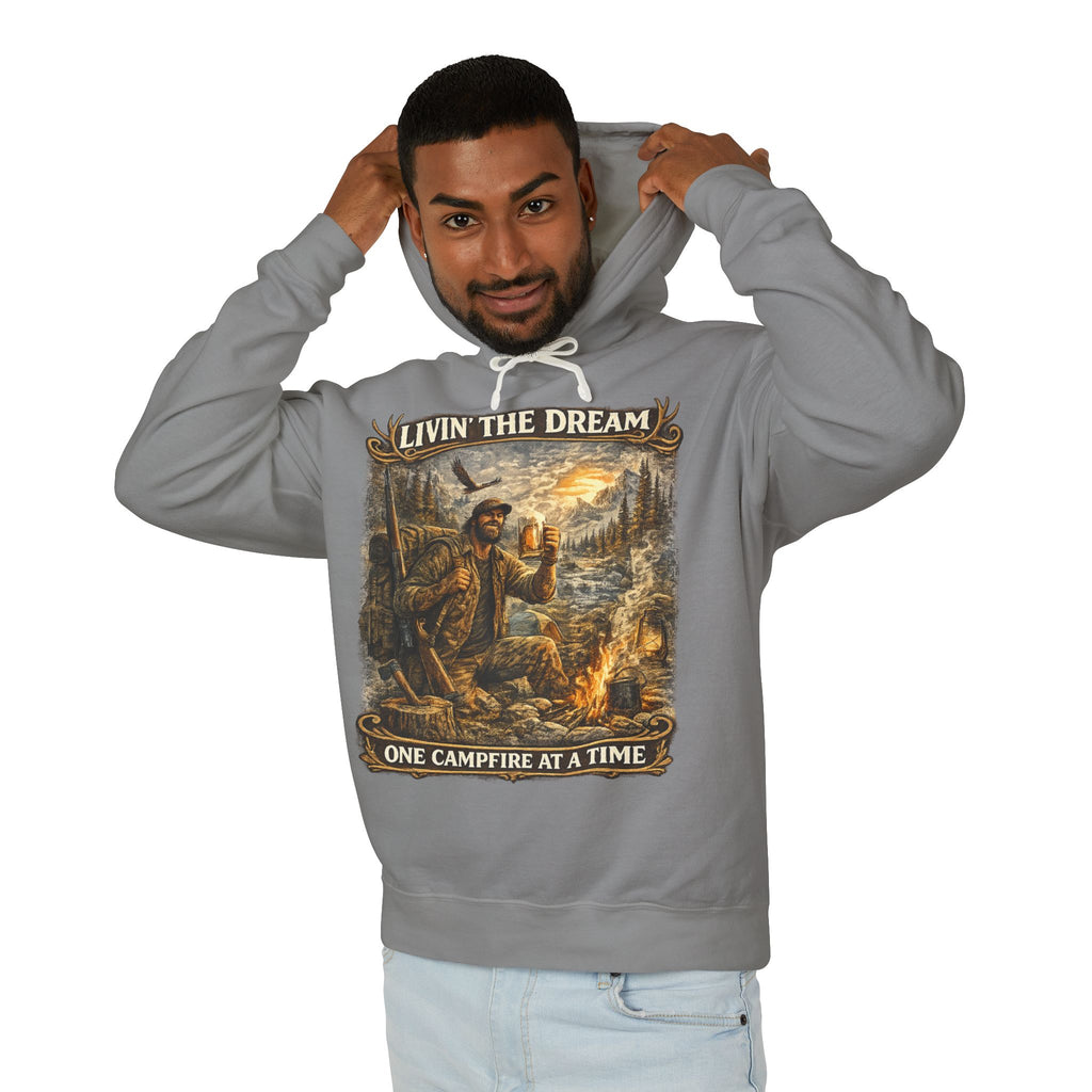 Livin' The Dream Campfire Hoodie — "One Campfire at a Time" Outdoor Pullover