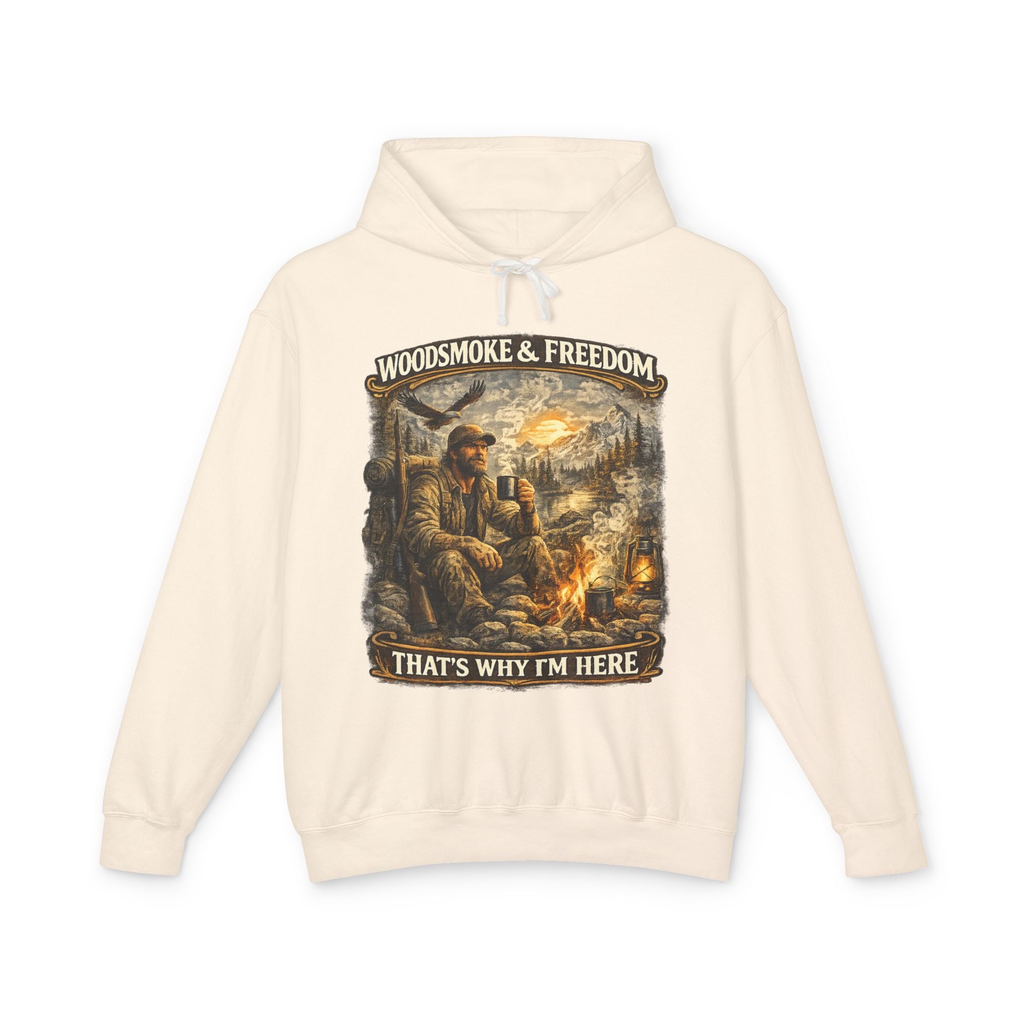 Woodsmoke & Freedom Hoodie — Campfire Hunting Graphic Hooded Sweatshirt