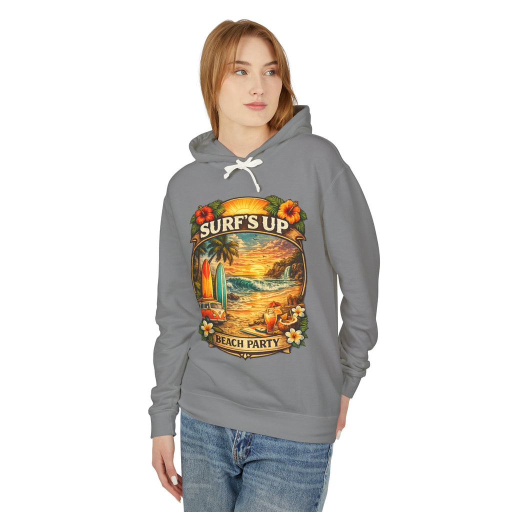 Surf's Up Beach Party Hoodie — Vintage Sunset Surfboard Pullover