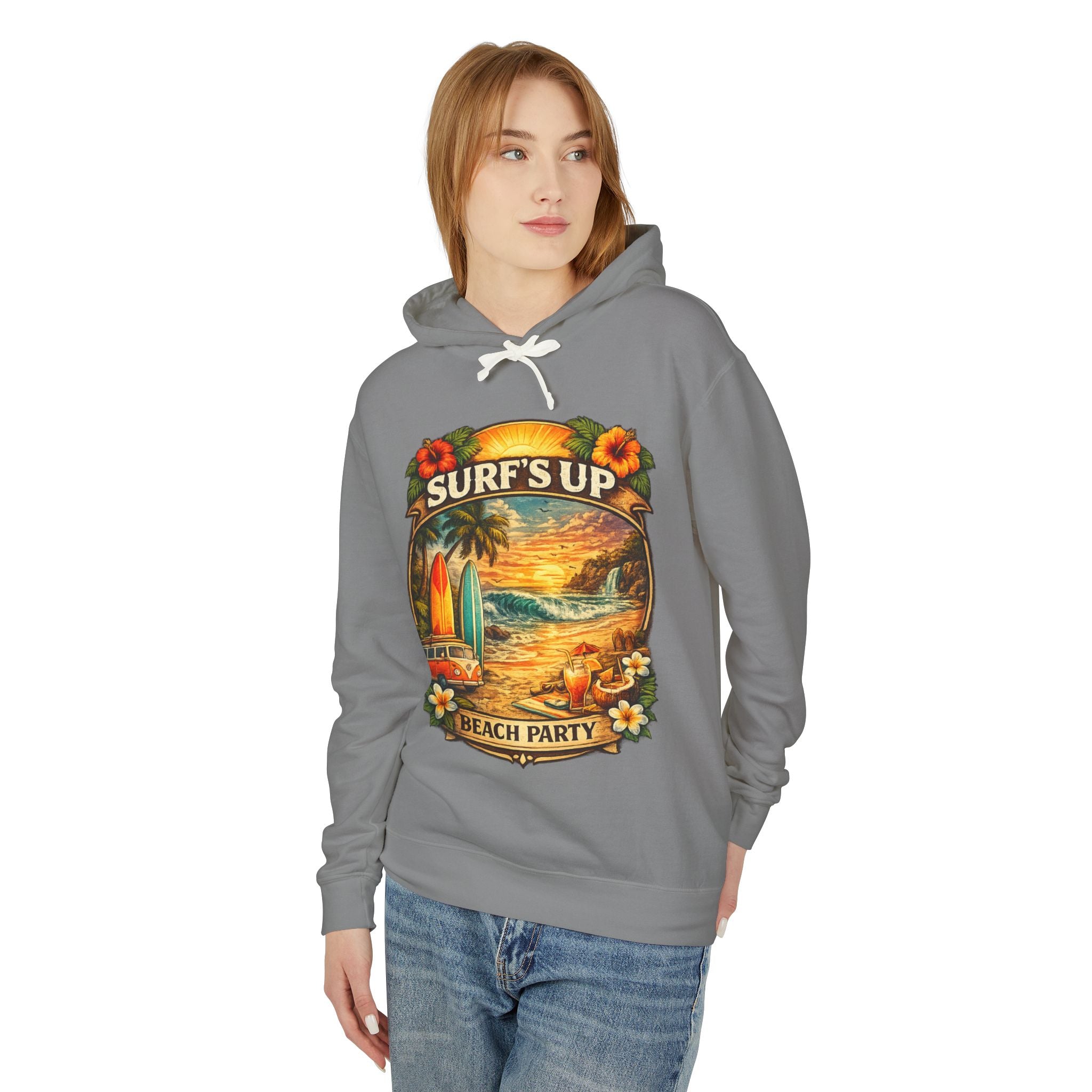 Surf's Up Beach Party Hoodie — Vintage Sunset Surfboard Pullover