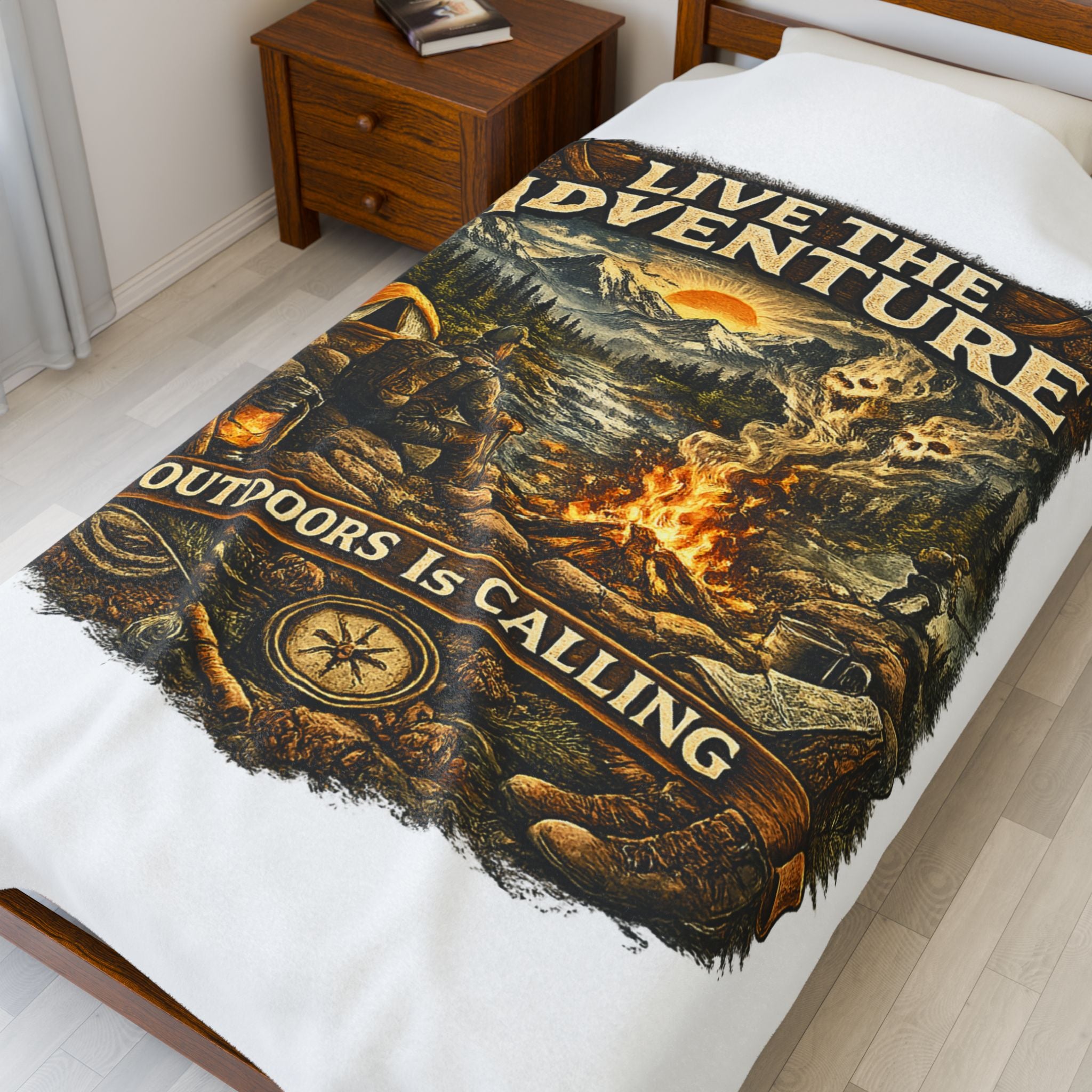 Live the Adventure Velveteen Plush Blanket — ‘Outdoors Is Calling’ Camping Throw