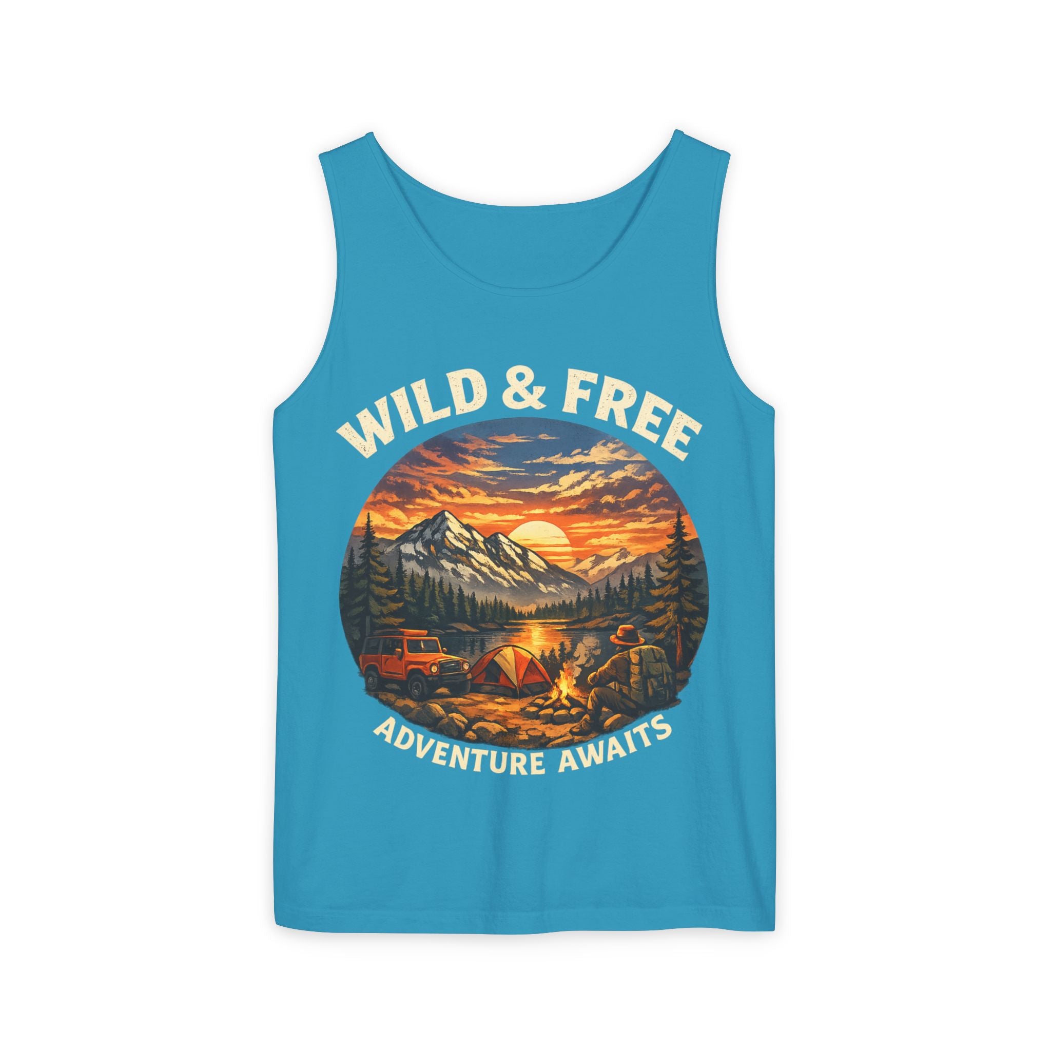 Tank Top — "Wild & Free" Sunset Mountain Camping Graphic
