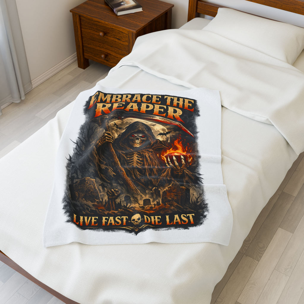 Embrace The Reaper Velveteen Plush Blanket — 'Live Fast, Die Last' Gothic Skull Throw