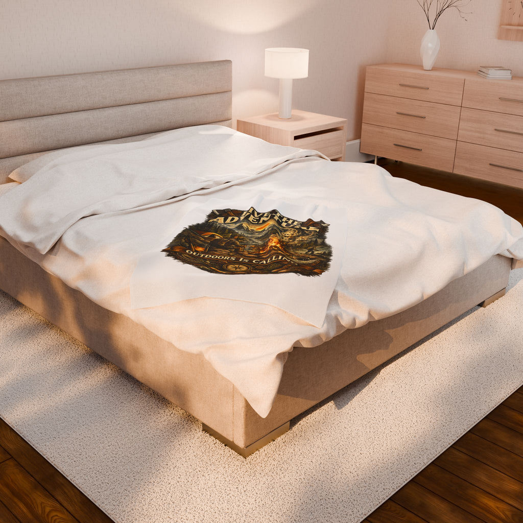 Velveteen Plush Blanket — "Live the Adventure: Outdoors Is Calling" Camping Throw
