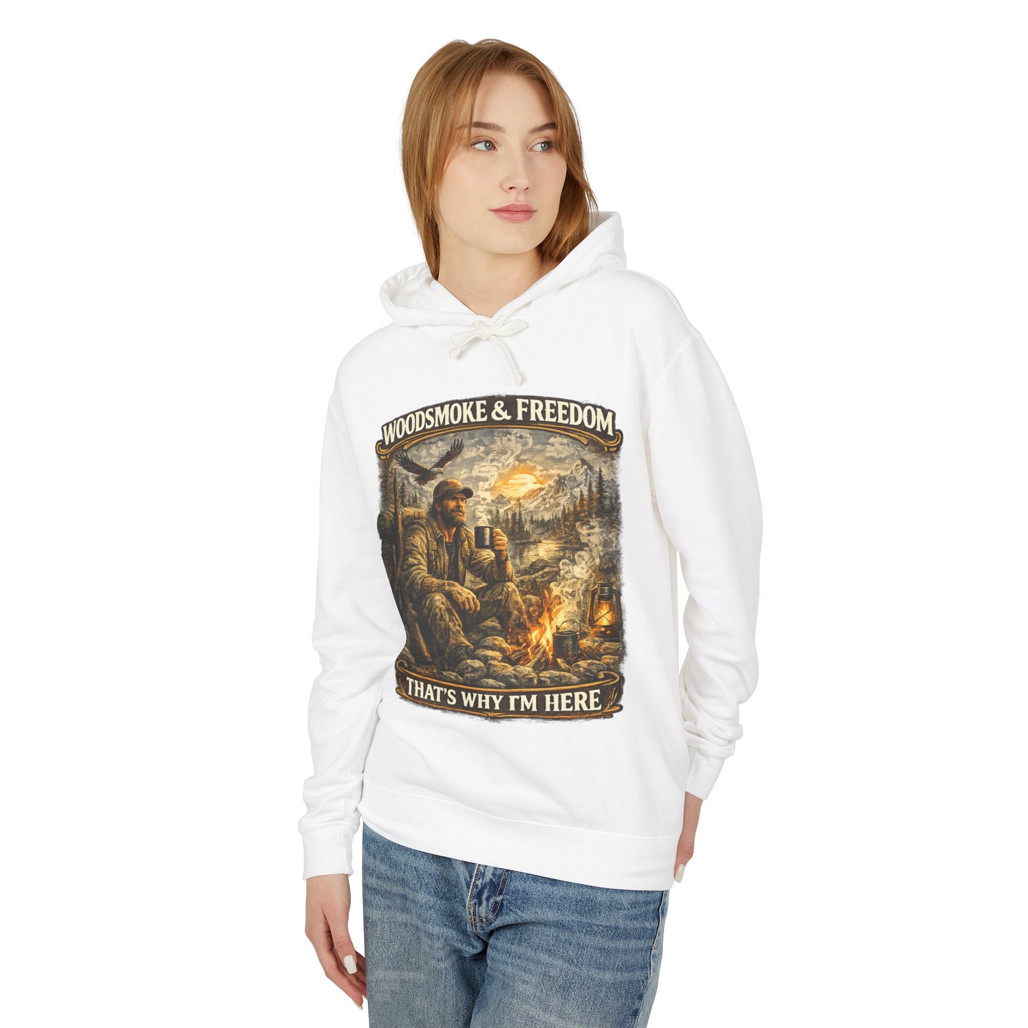 Woodsmoke & Freedom Hoodie — Campfire Hunting Graphic Hooded Sweatshirt