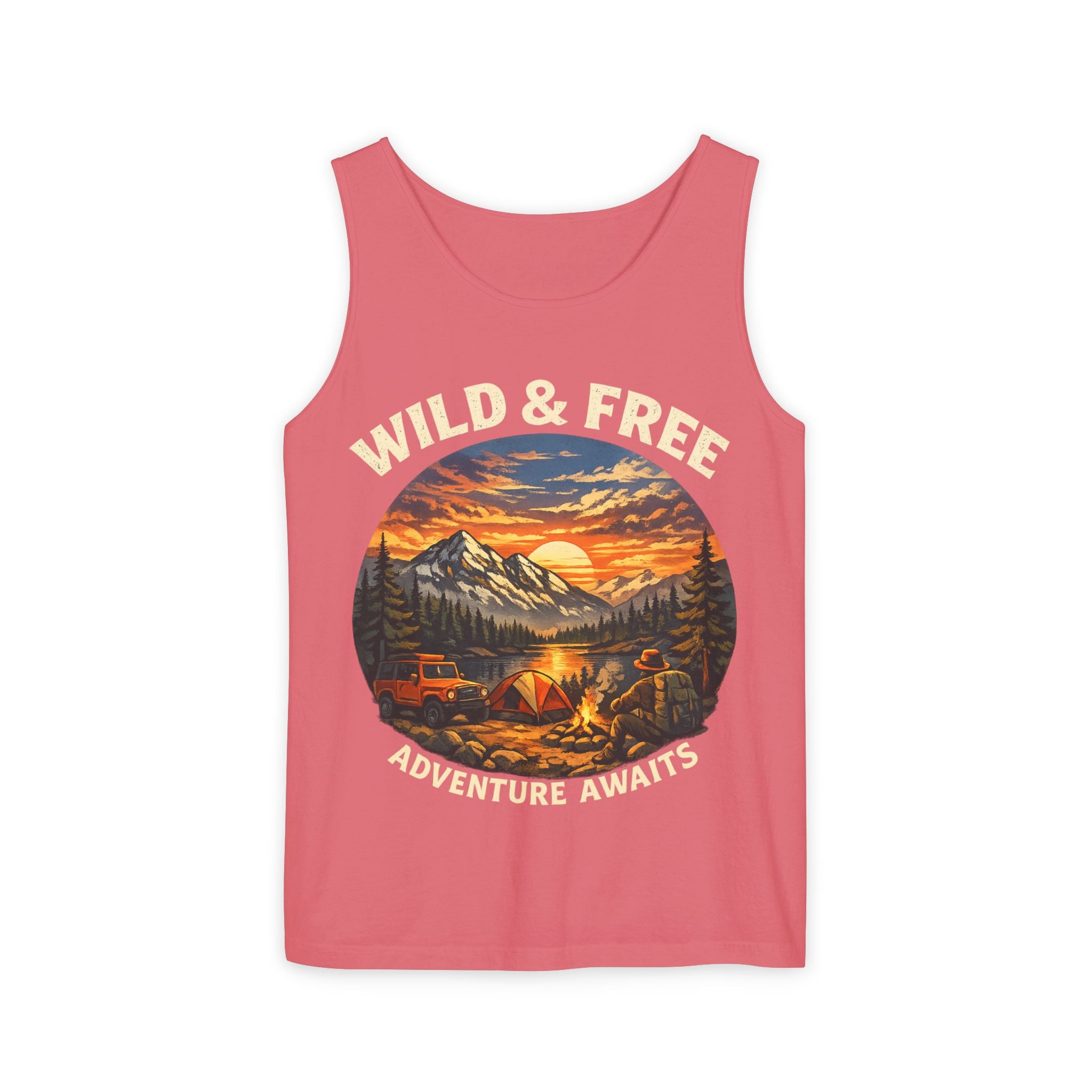 Tank Top — "Wild & Free" Sunset Mountain Camping Graphic