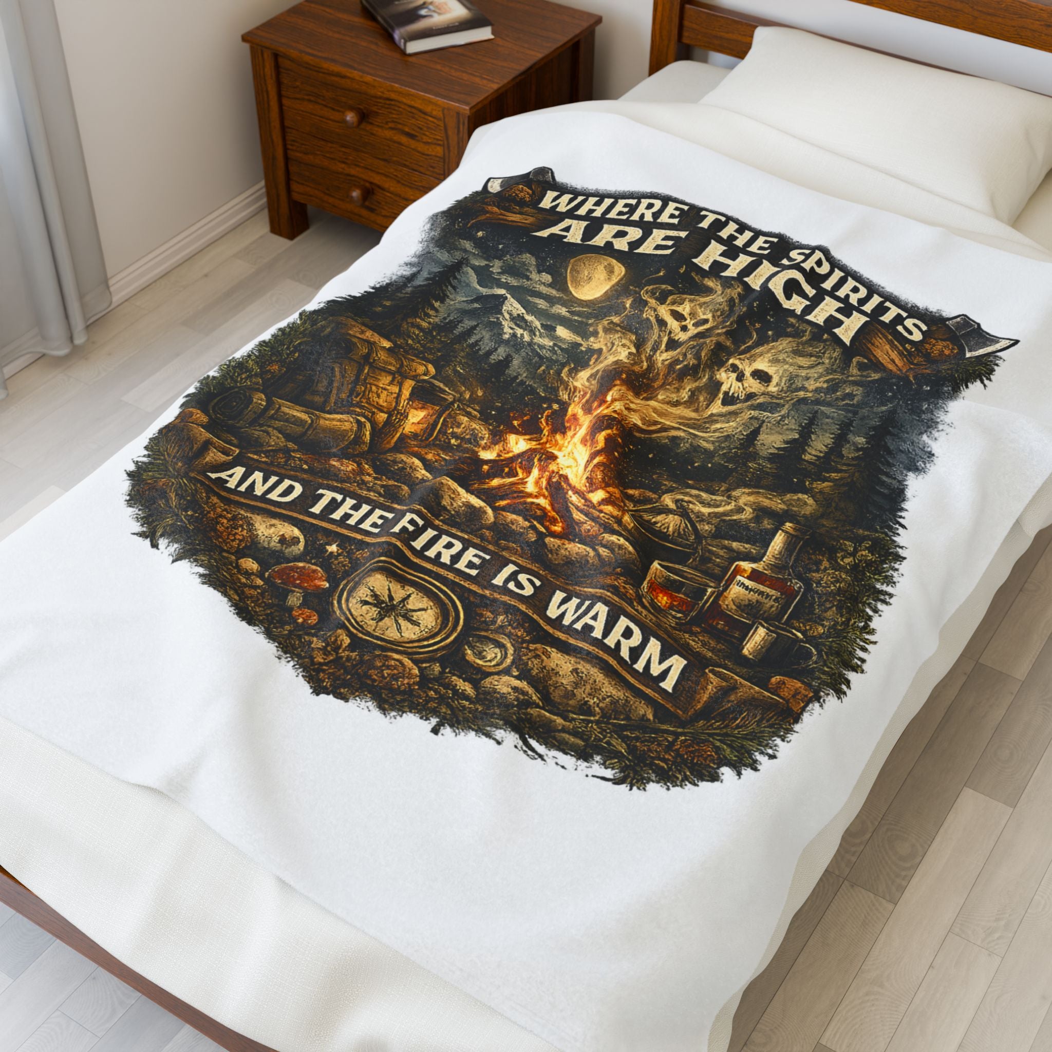 Velveteen Plush Blanket — "Where the Spirits Are High and the Fire Is Warm" Campfire Graphic Throw