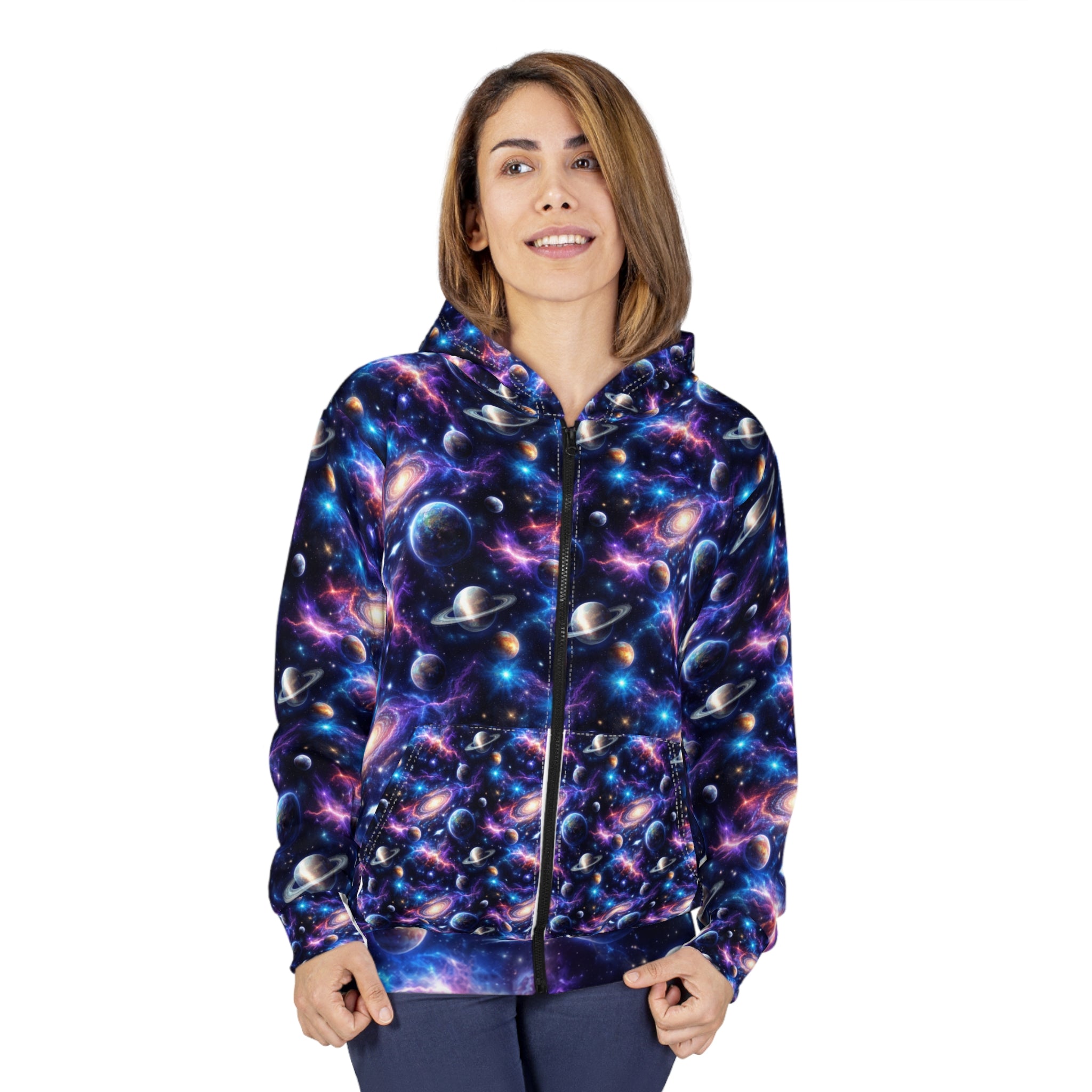 Galaxy Print Zip Hoodie — All-Over Space Nebula Pullover
