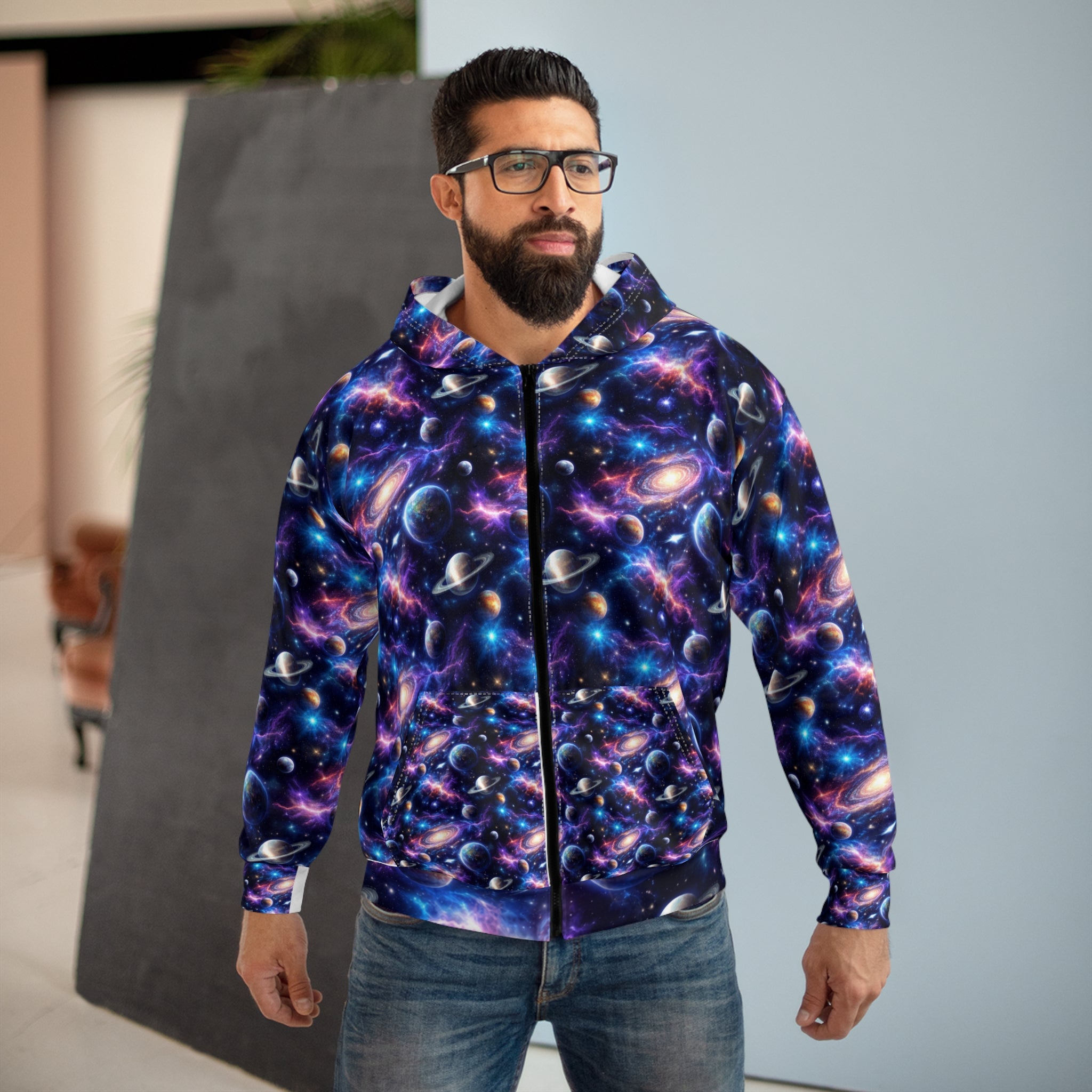 Galaxy Print Zip Hoodie — All-Over Space Nebula Pullover