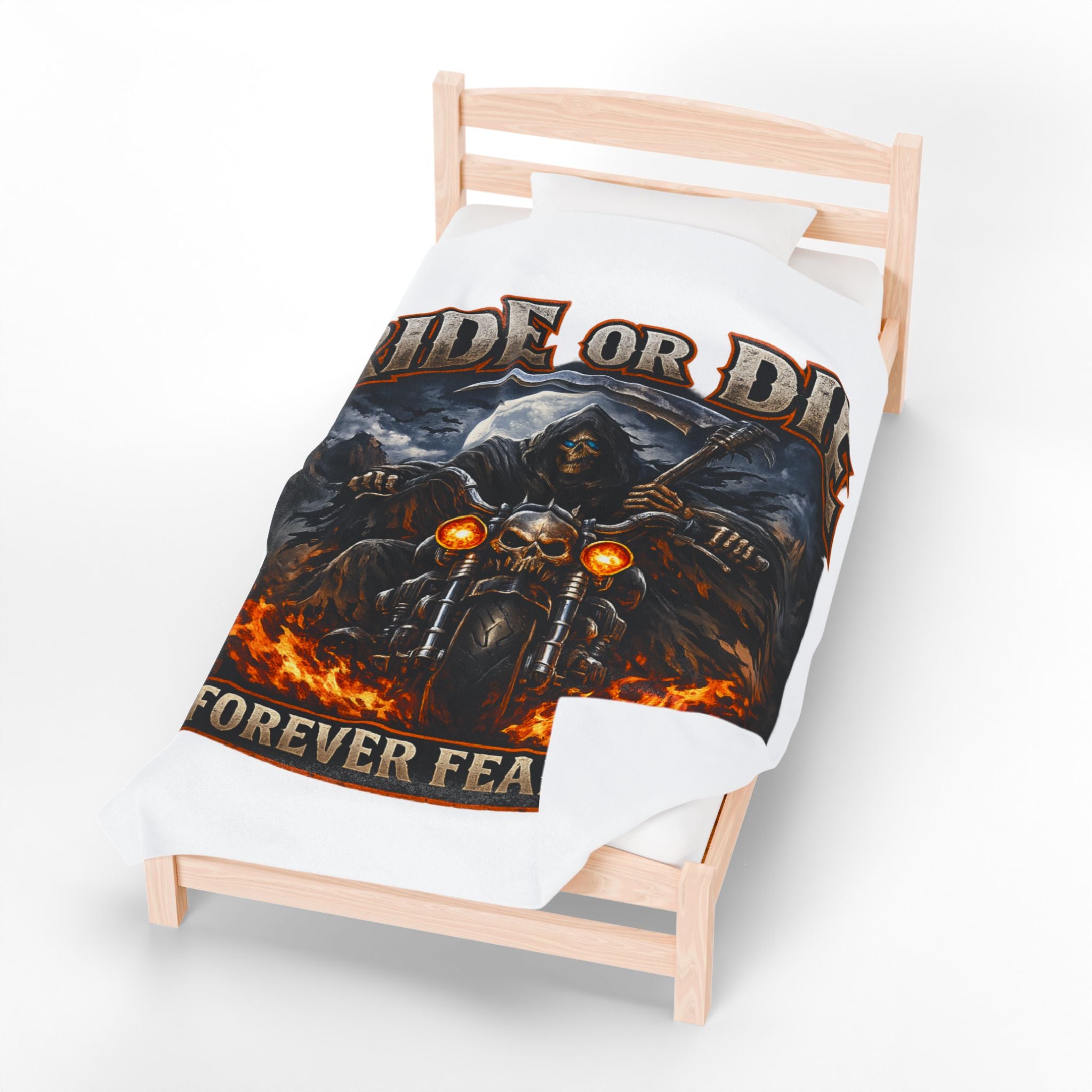 Ride or Die "Forever Fearless" Velveteen Plush Blanket — Biker Grim Reaper Motorcycle Throw
