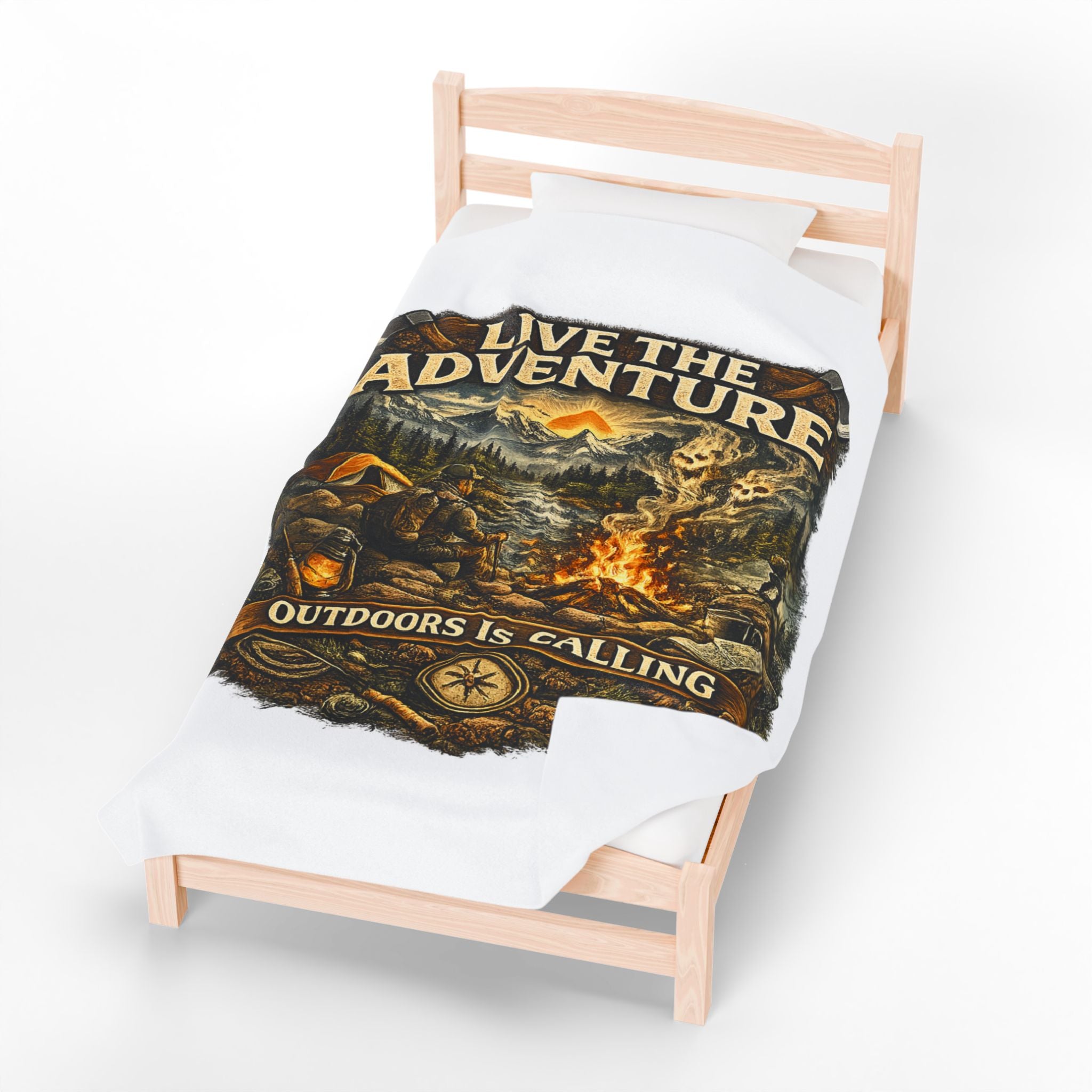 Live the Adventure Velveteen Plush Blanket — ‘Outdoors Is Calling’ Camping Throw