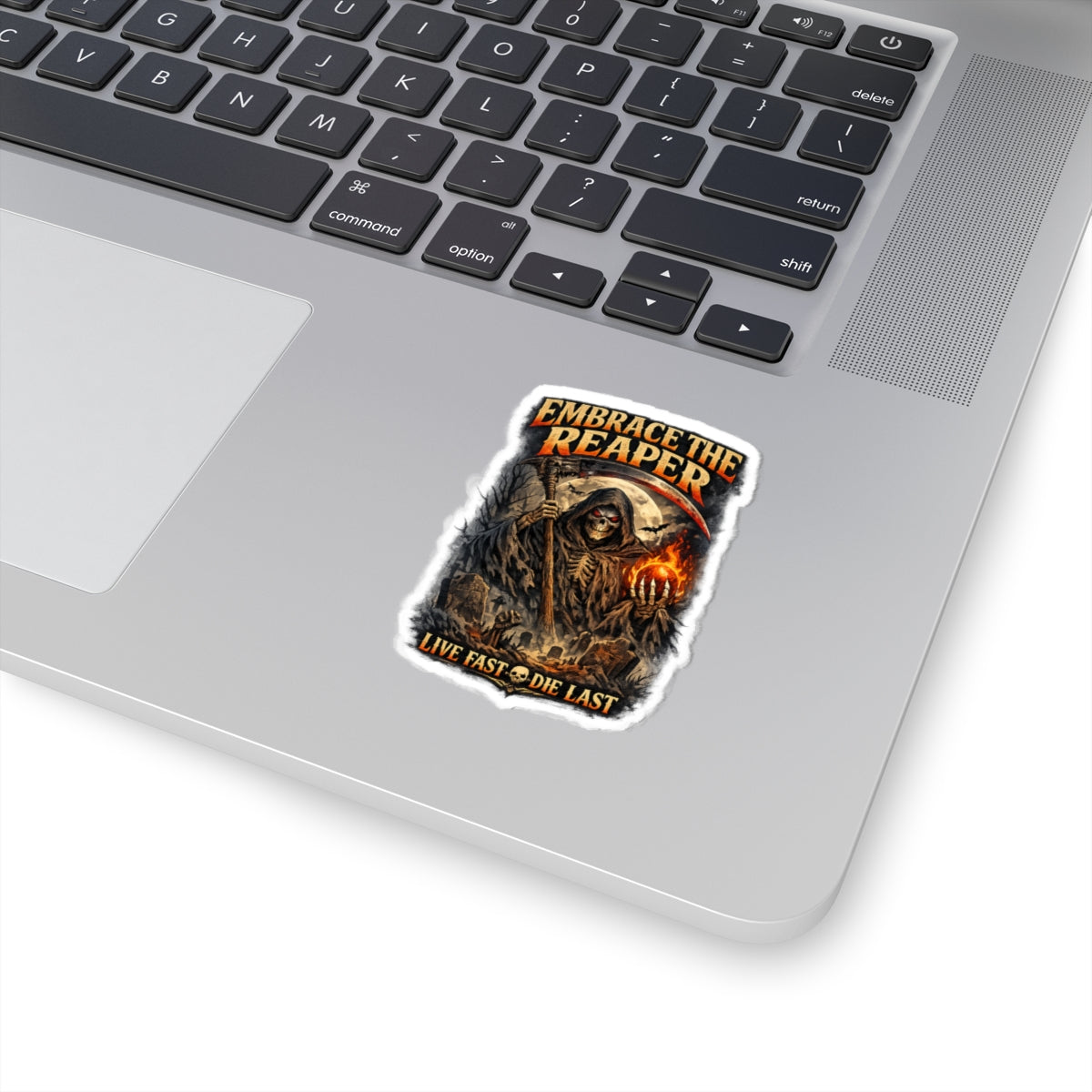 Embrace the Reaper Kiss-Cut Sticker — Grim Reaper "Live Fast Die Last"