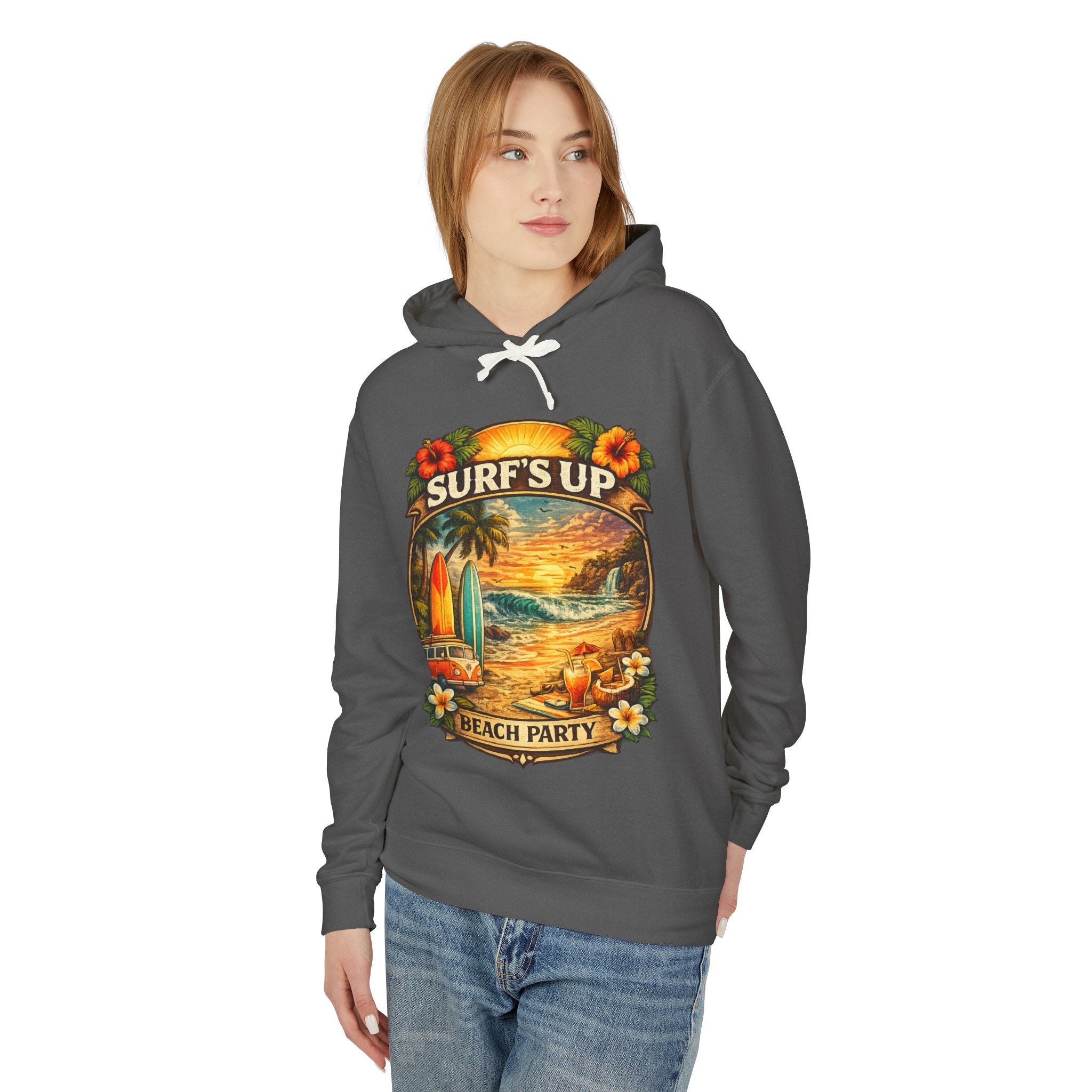 Surf's Up Beach Party Hoodie — Vintage Sunset Surfboard Pullover