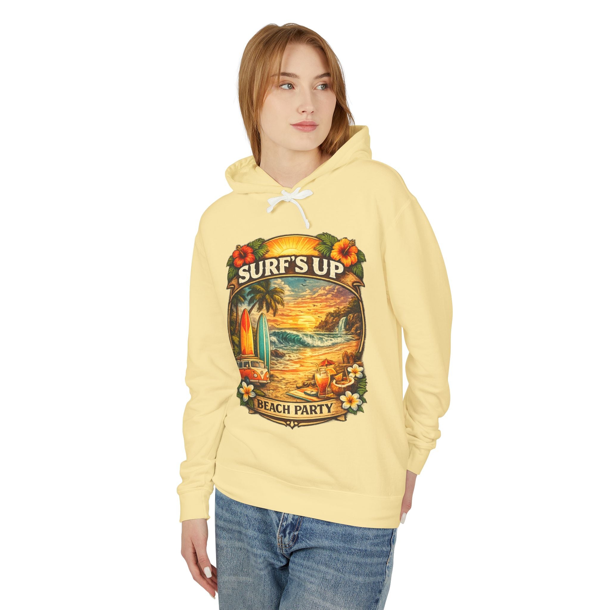 Surf's Up Beach Party Hoodie — Vintage Sunset Surfboard Pullover