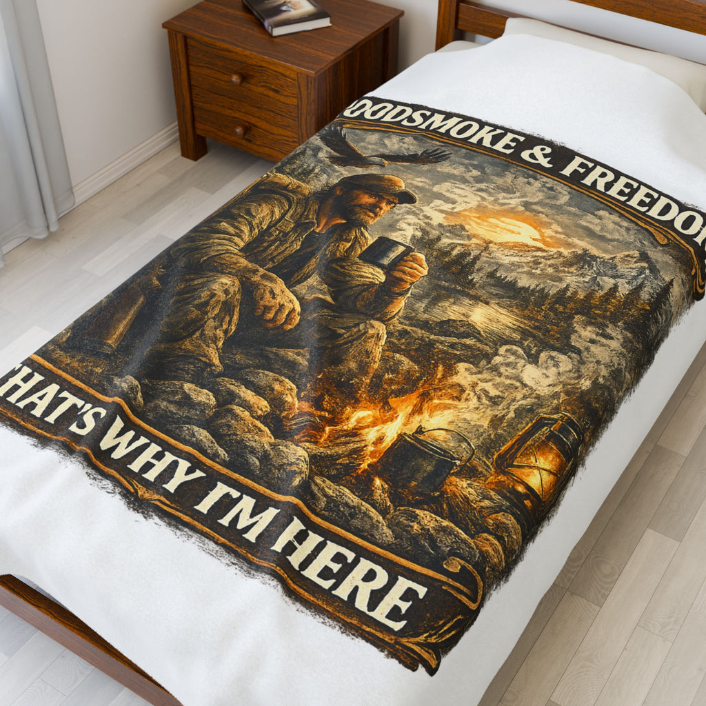 Velveteen Blanket — "Woodsmoke & Freedom, That's Why I'm Here" Campfire Outdoor Throw