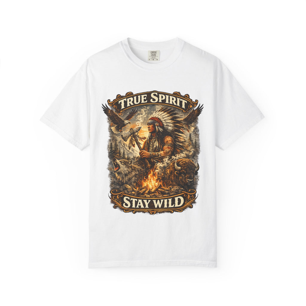 T-Shirt — "True Spirit Stay Wild" Native-Inspired Campfire Graphic