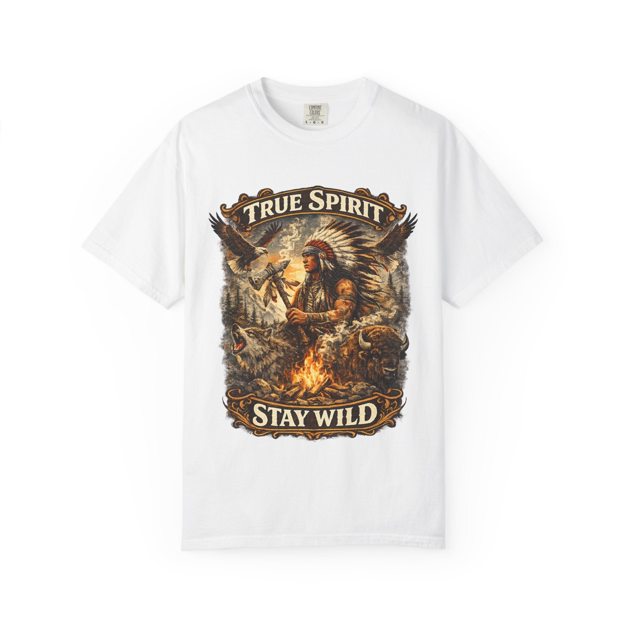 T-Shirt — "True Spirit Stay Wild" Native-Inspired Campfire Graphic