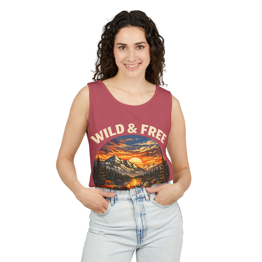 Tank Top — "Wild & Free" Sunset Mountain Camping Graphic