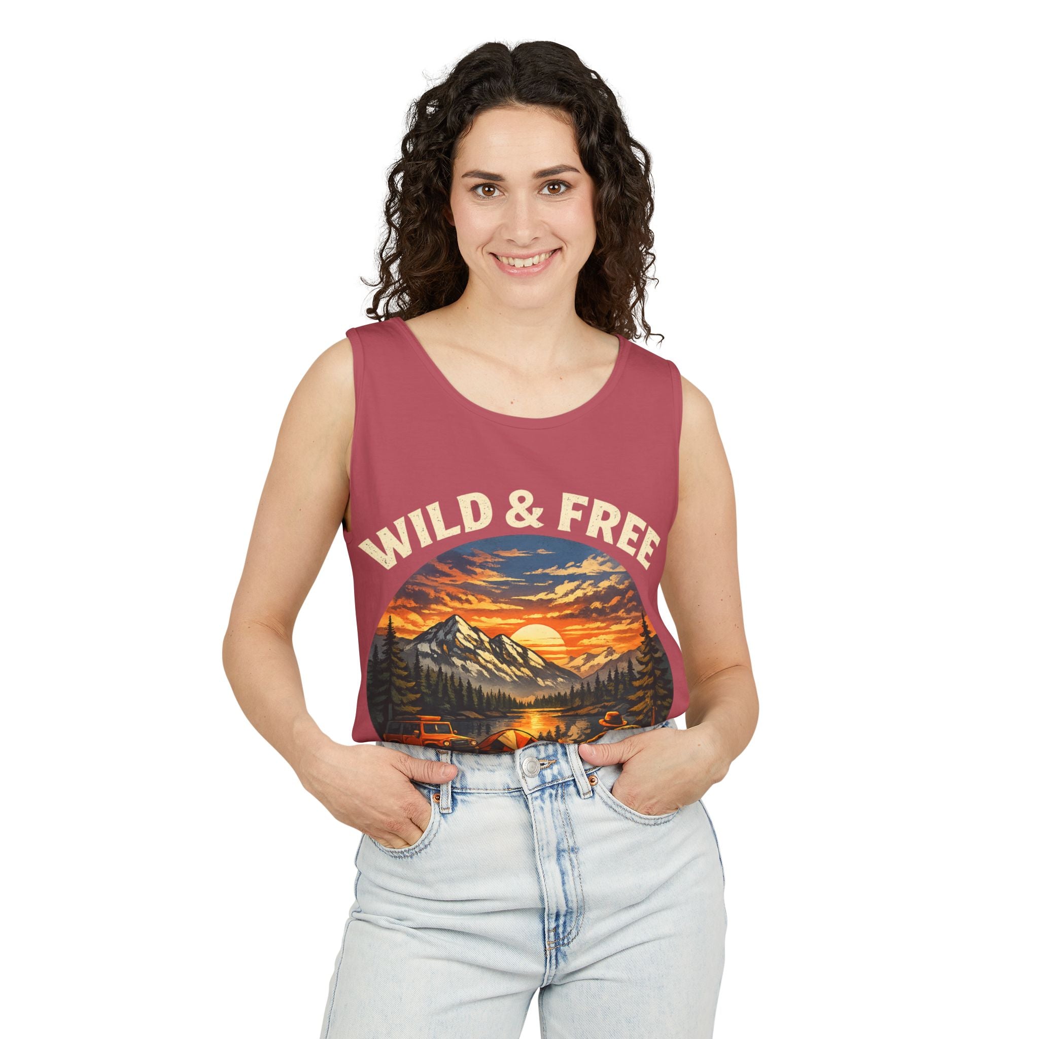 Tank Top — "Wild & Free" Sunset Mountain Camping Graphic