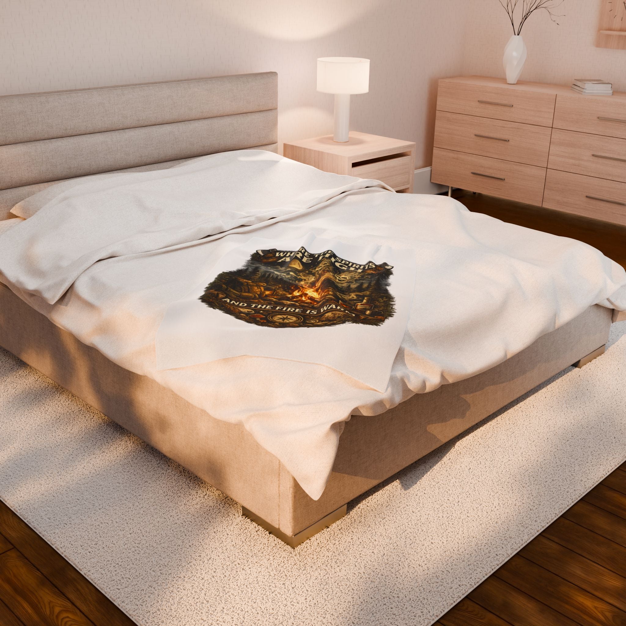 Velveteen Plush Blanket — "Where the Spirits Are High and the Fire Is Warm" Campfire Graphic Throw