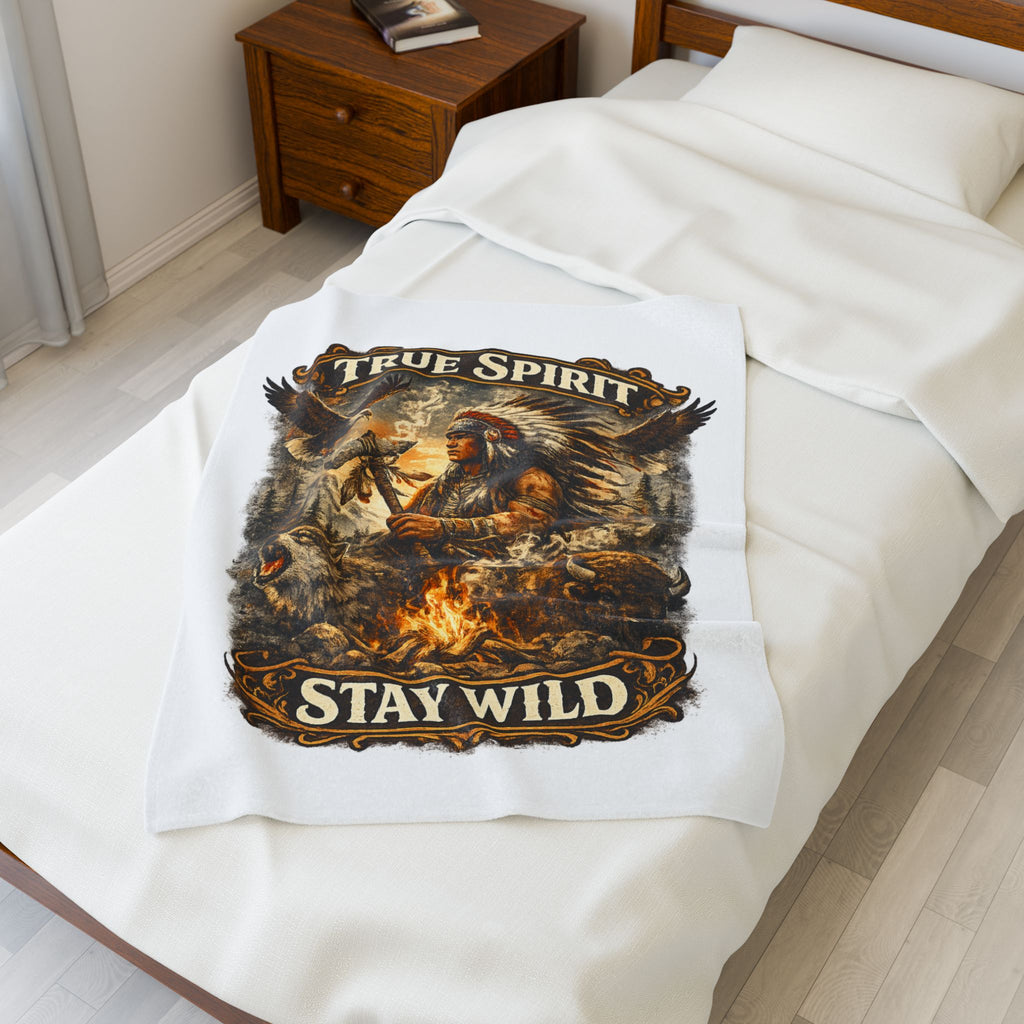 Velveteen Blanket — "True Spirit Stay Wild" Native Warrior Campfire Design