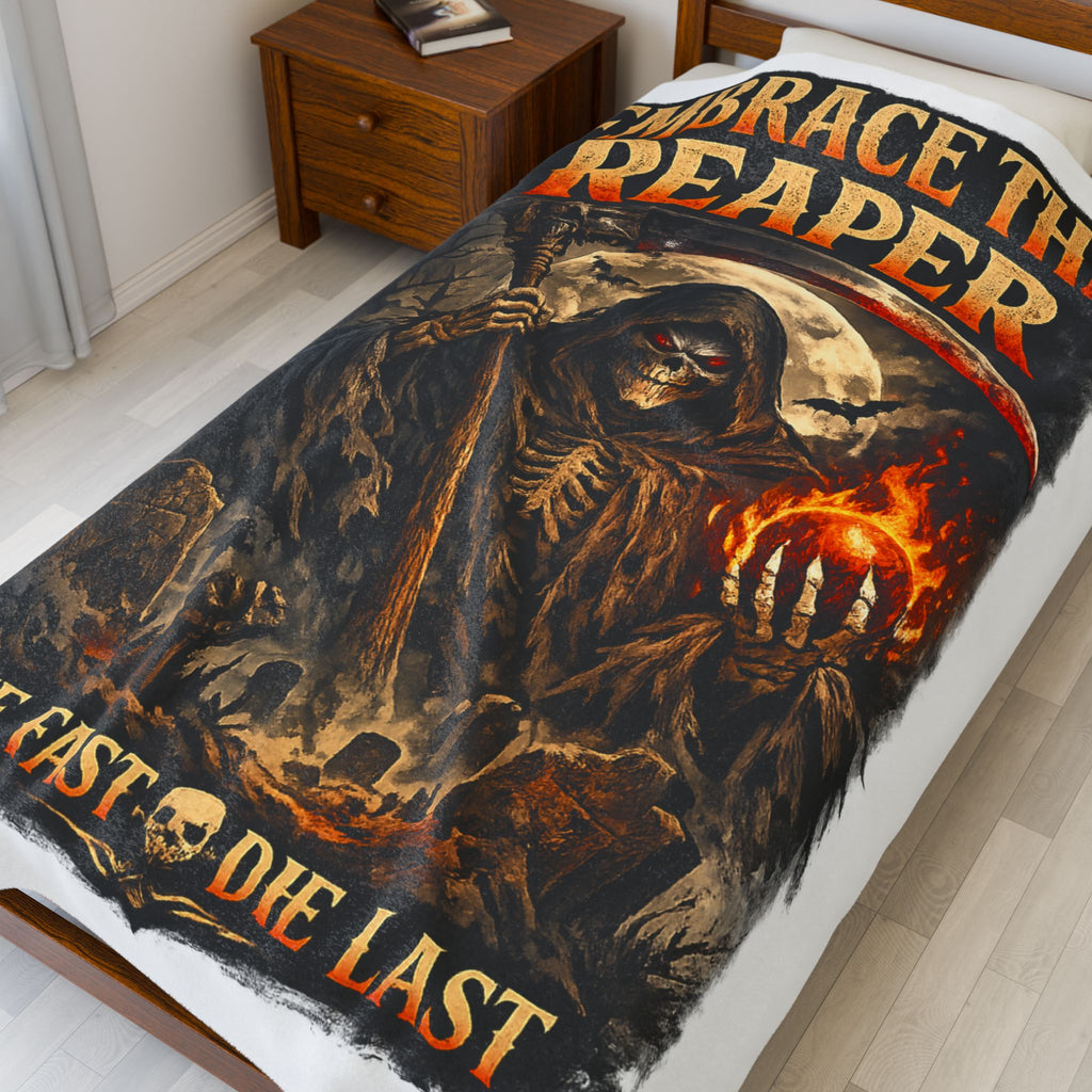 Embrace The Reaper Velveteen Plush Blanket — 'Live Fast, Die Last' Gothic Skull Throw