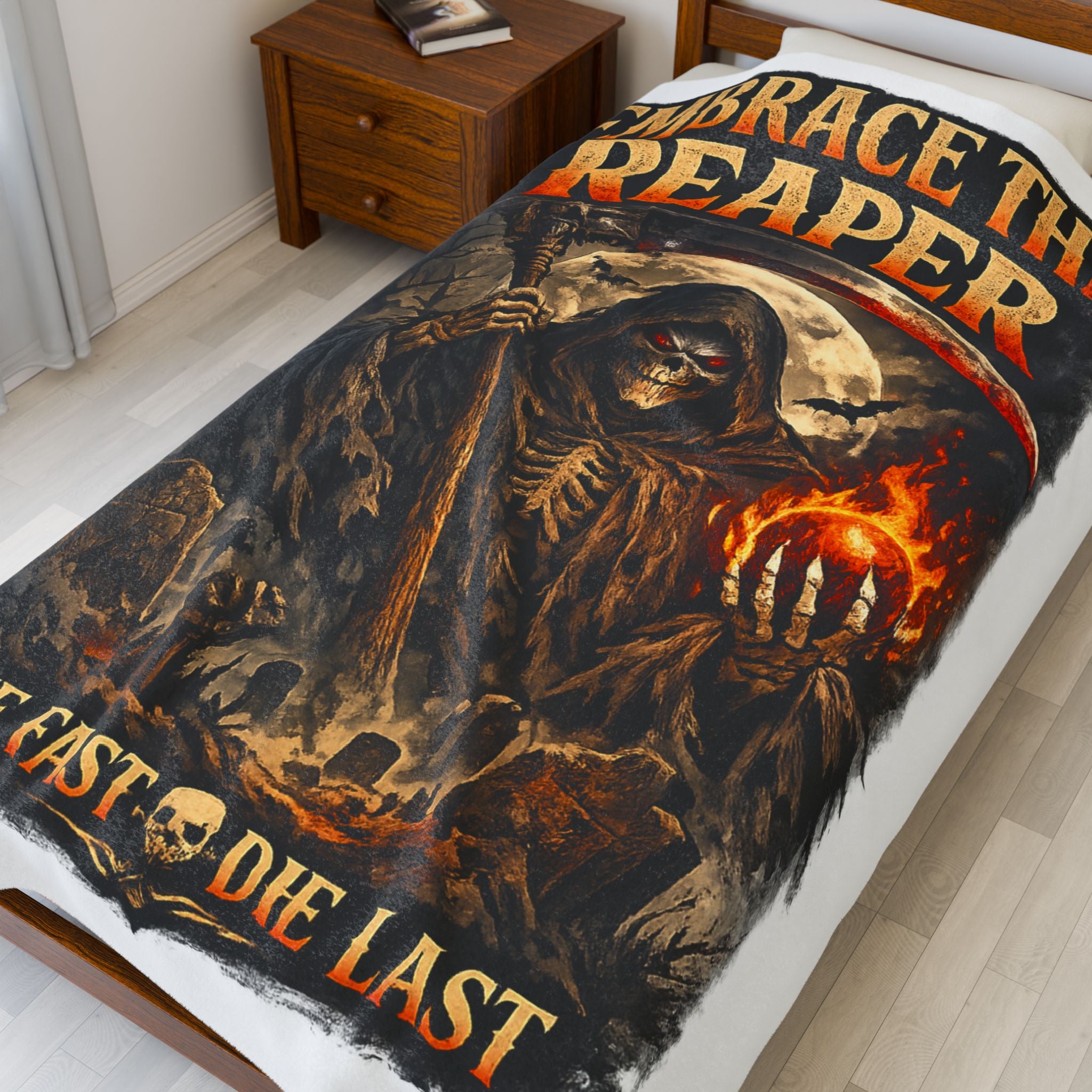 Embrace The Reaper Velveteen Plush Blanket — 'Live Fast, Die Last' Gothic Skull Throw