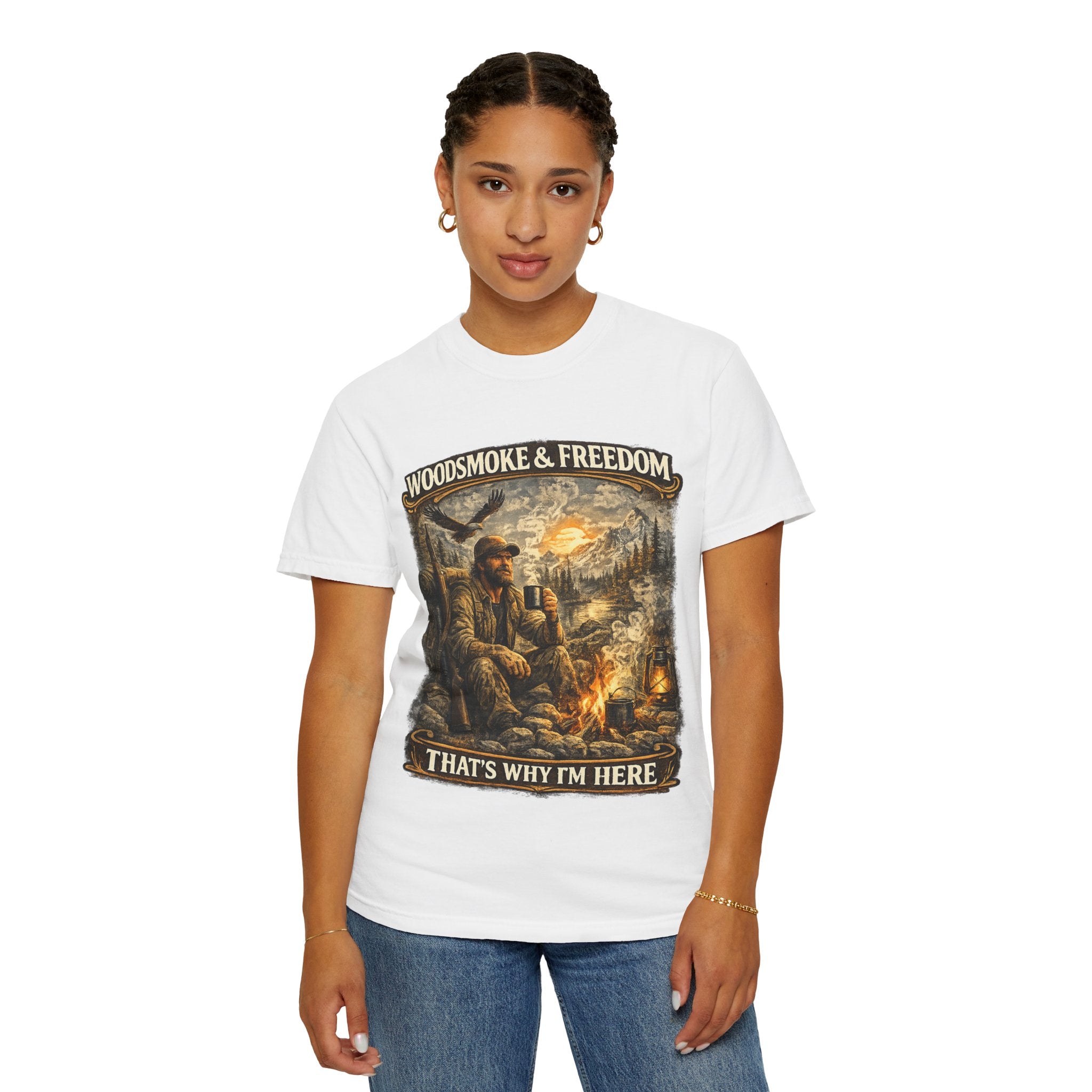 Campfire Hunting T-Shirt — "Woodsmoke & Freedom, That's Why I'm Here" Outdoor Graphic Tee