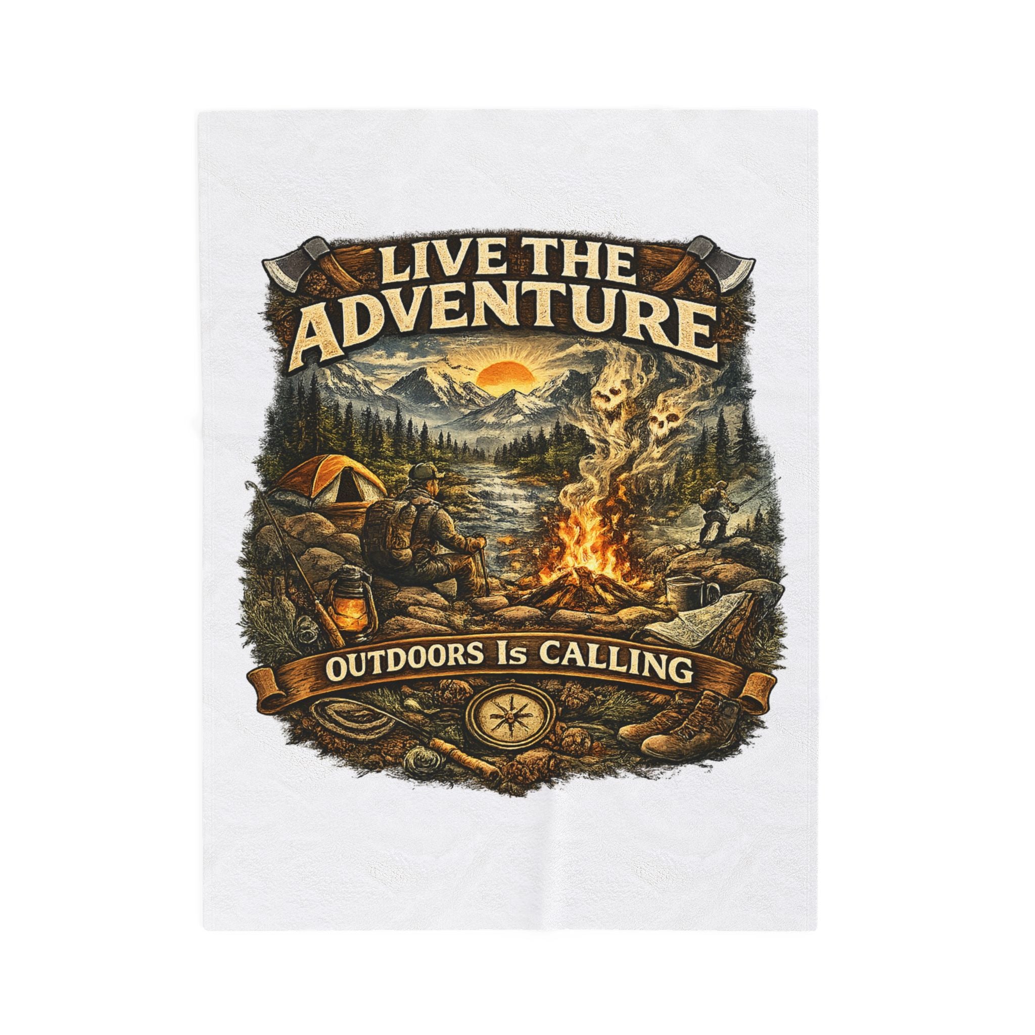 Velveteen Plush Blanket — "Live the Adventure: Outdoors Is Calling" Camping Throw