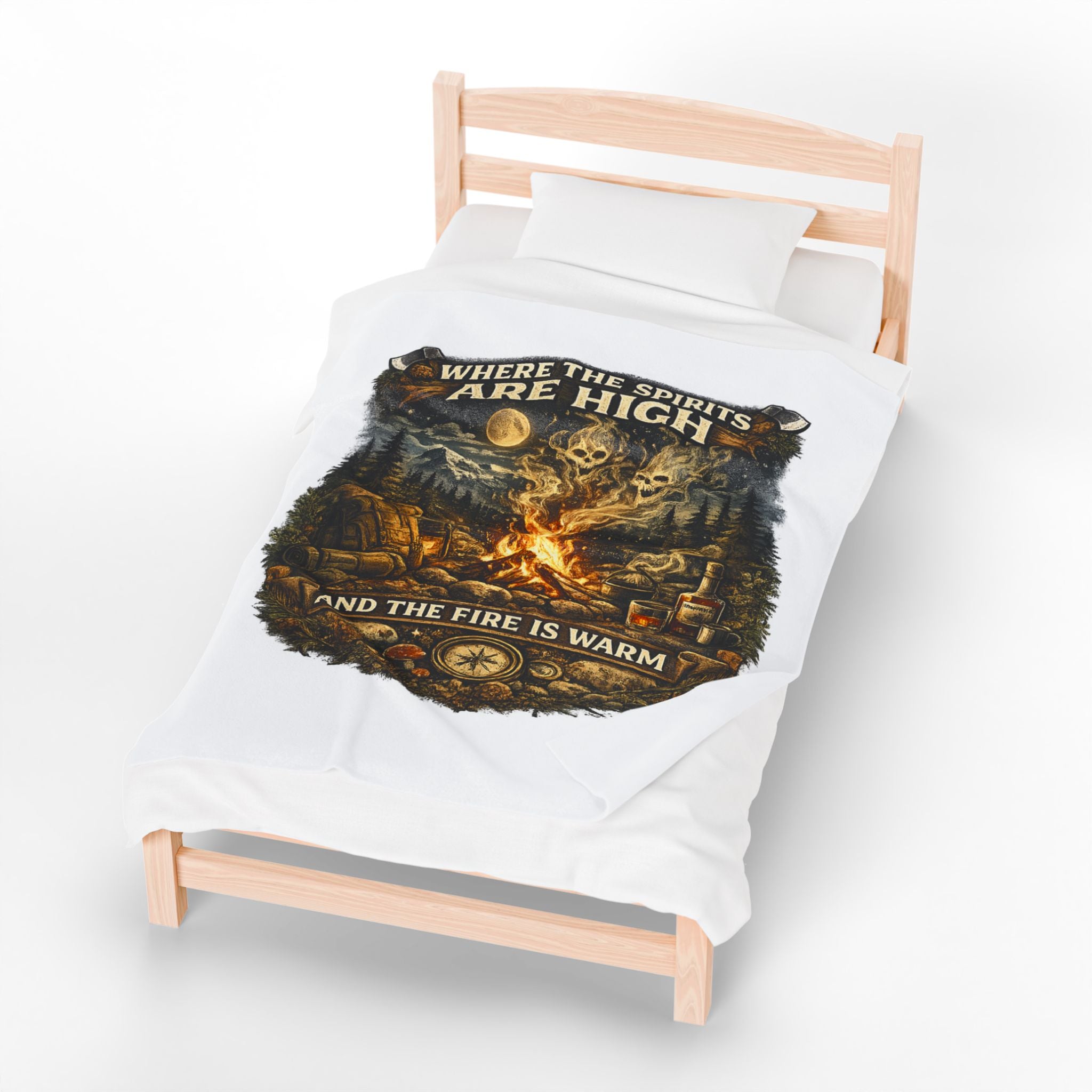 Velveteen Plush Blanket — "Where the Spirits Are High and the Fire Is Warm" Campfire Graphic Throw
