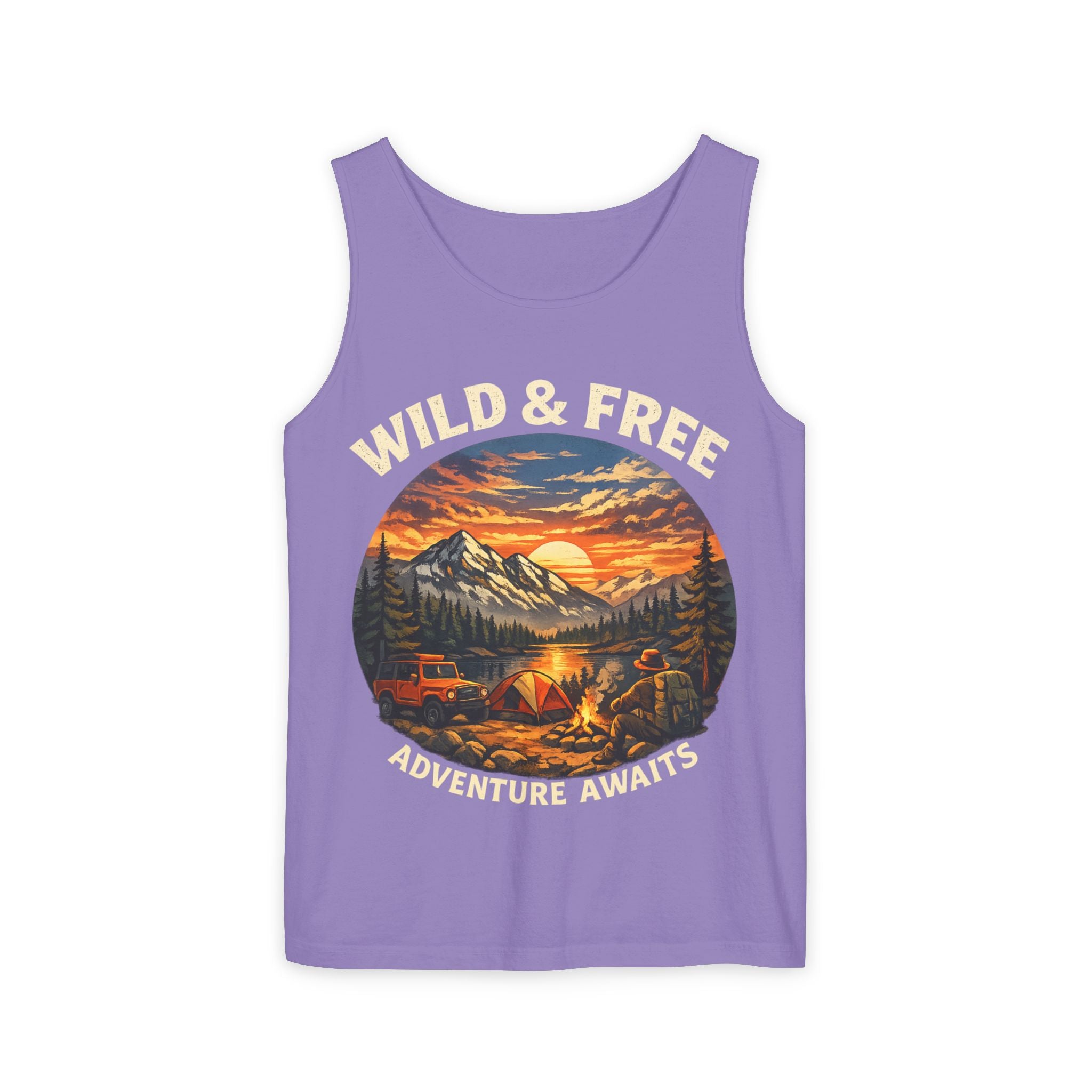 Tank Top — "Wild & Free" Sunset Mountain Camping Graphic