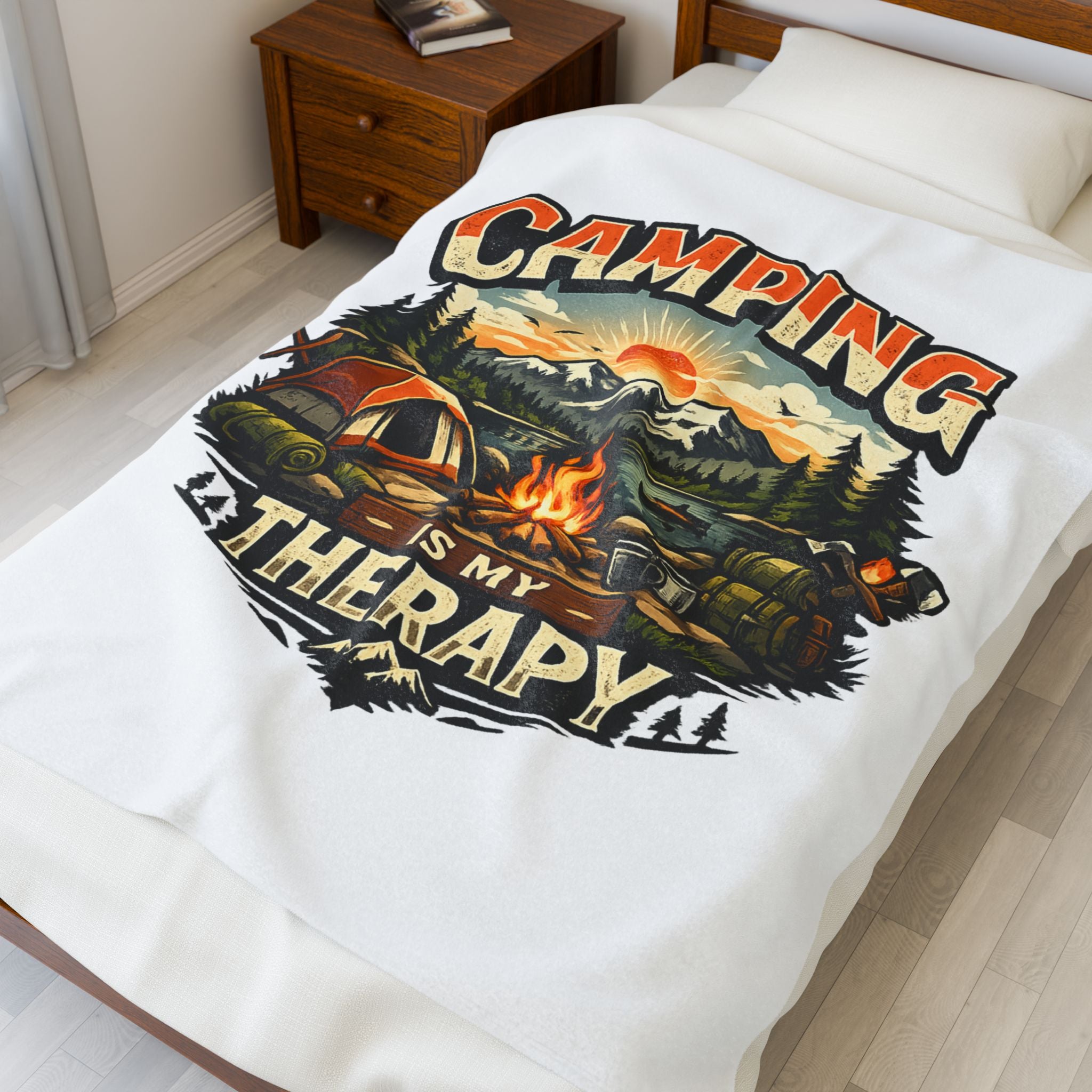 Velveteen Plush Blanket — "Camping Is My Therapy" Cozy Outdoor Camping Throw