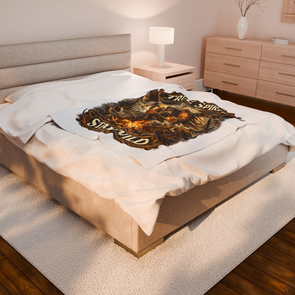 Velveteen Blanket — "True Spirit Stay Wild" Native Warrior Campfire Design