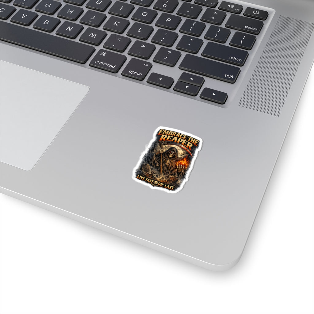 Embrace the Reaper Kiss-Cut Sticker — Grim Reaper "Live Fast Die Last"