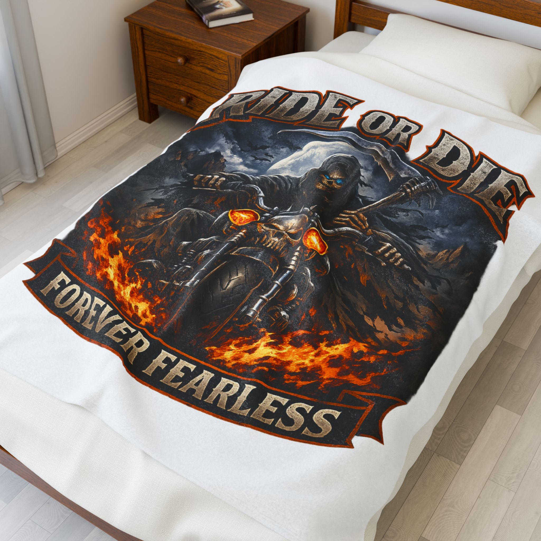 Ride or Die "Forever Fearless" Velveteen Plush Blanket — Biker Grim Reaper Motorcycle Throw